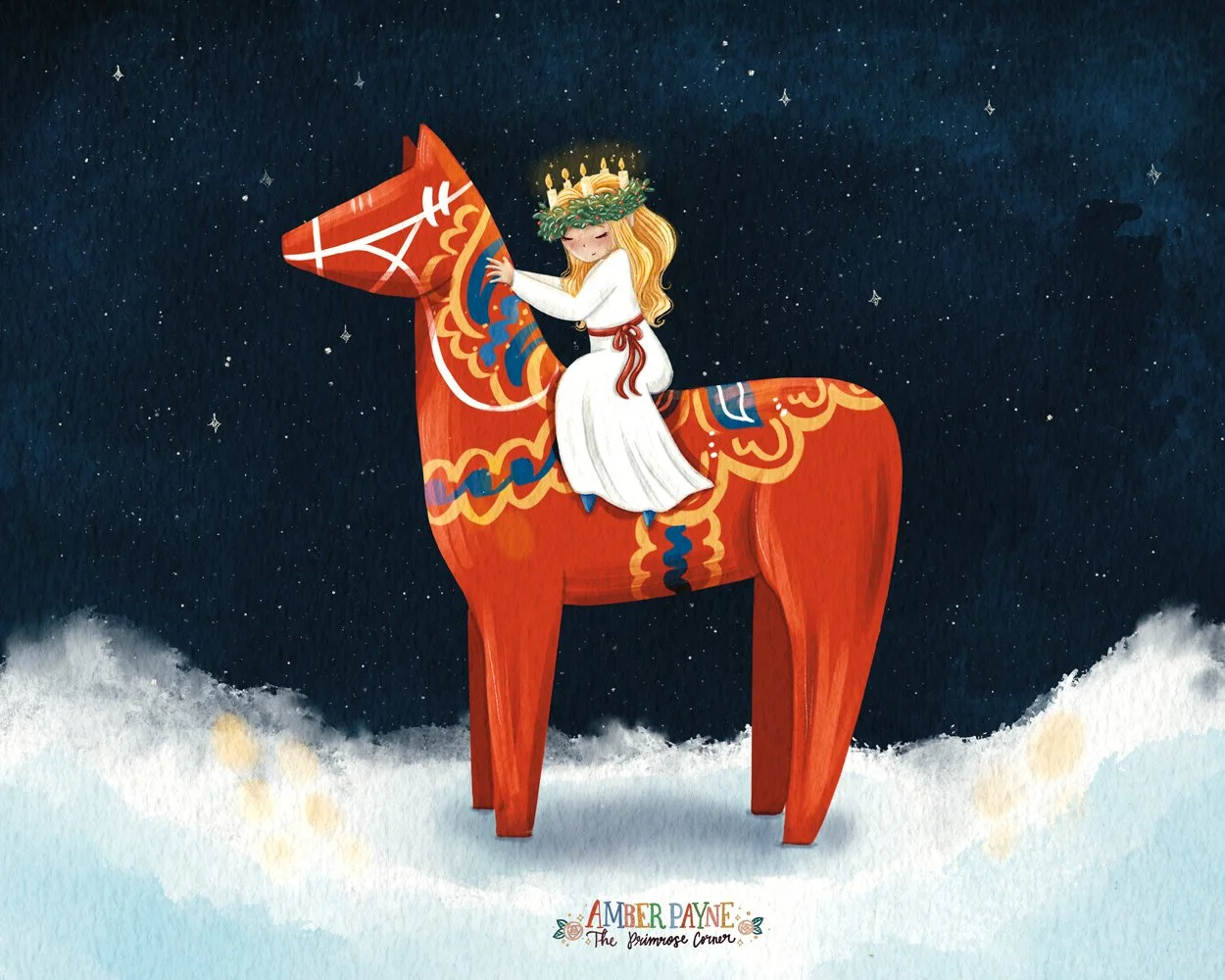Santa Lucia and the Dala Horse. Children's Picture Book Illustration. Winter Solstice by Amber Payne of The Primrose Corner