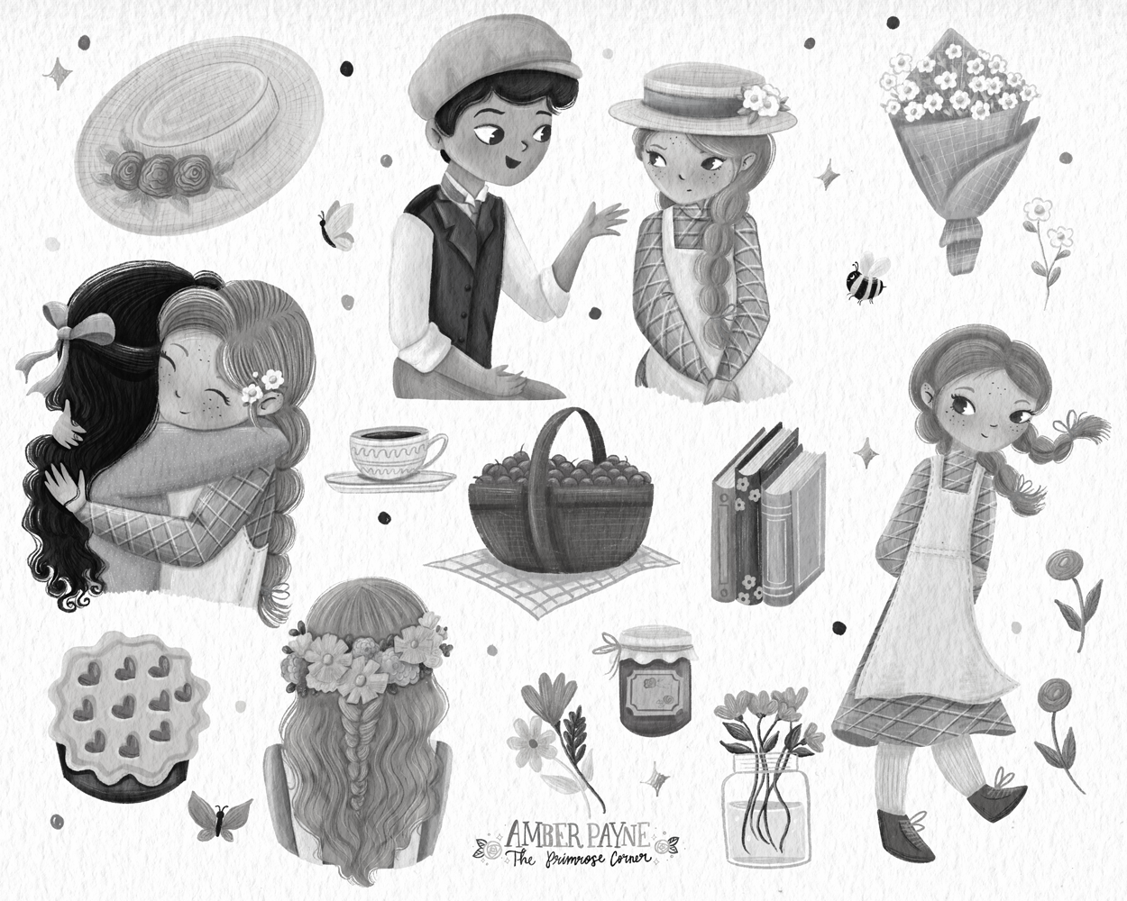 Anne of Green Gables. Middle Grade Ilustration by Amber Payne of The Primrose Corner Black and White