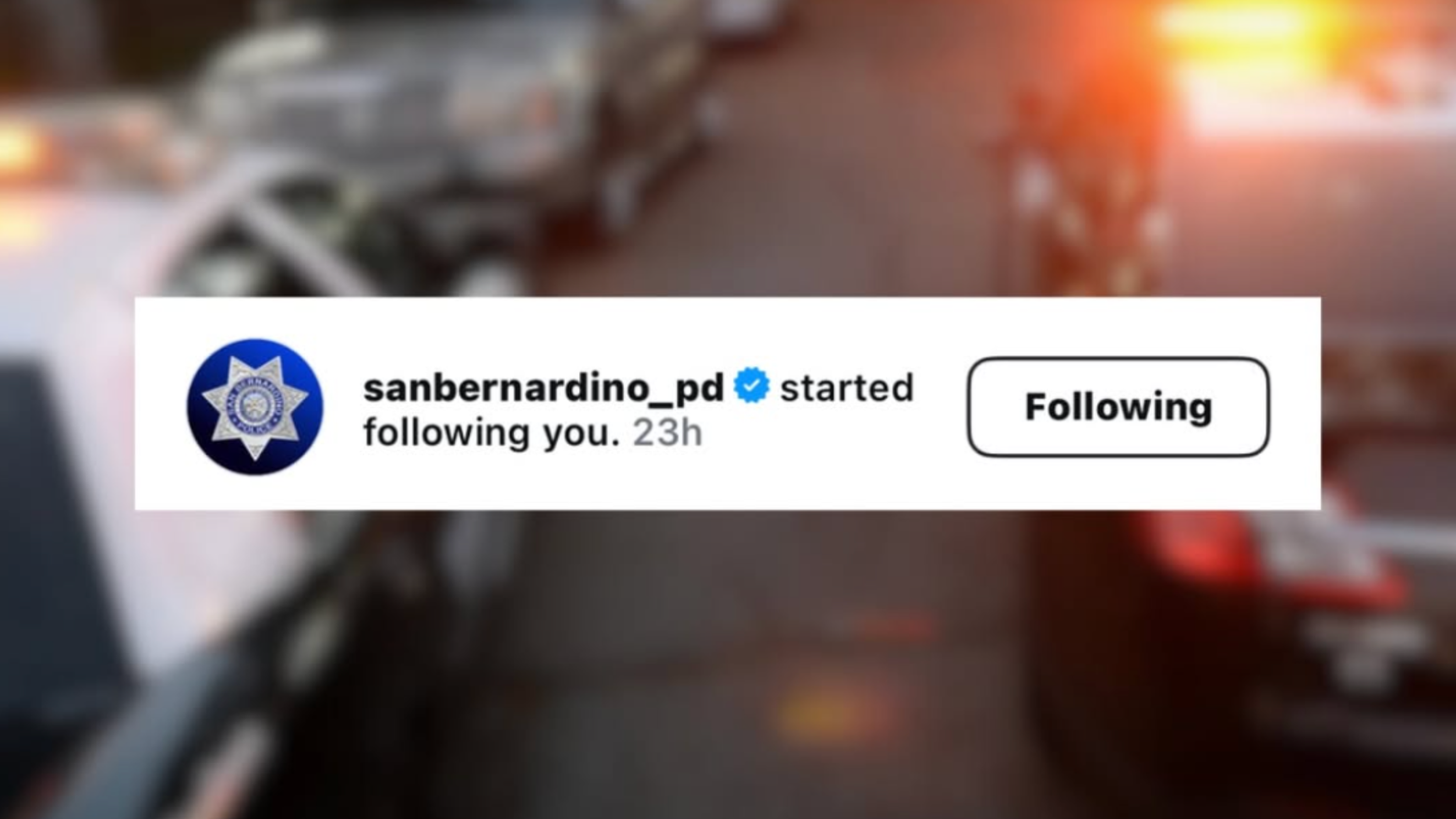 Screenshot showing the San Bernardino Police Department Instagram account following Christopher Lee, a moment tied to his childhood memory and story in The Story Comes First.