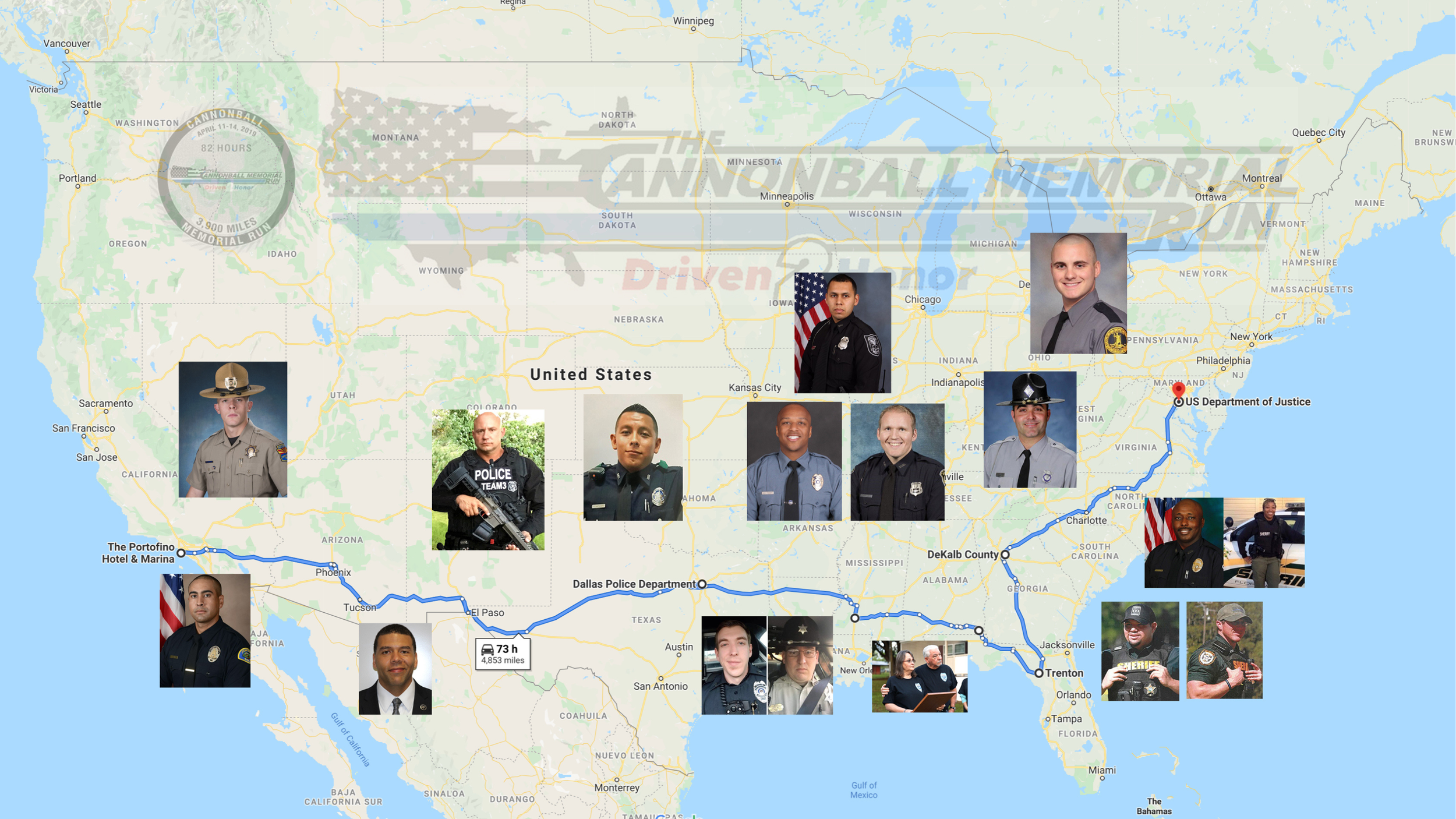 Map of the Cannonball Memorial Run route across the U.S., with photos of fallen officers honored during the cross-country tribute documented in Christopher Lee’s book The Story Comes First. (196 characters)