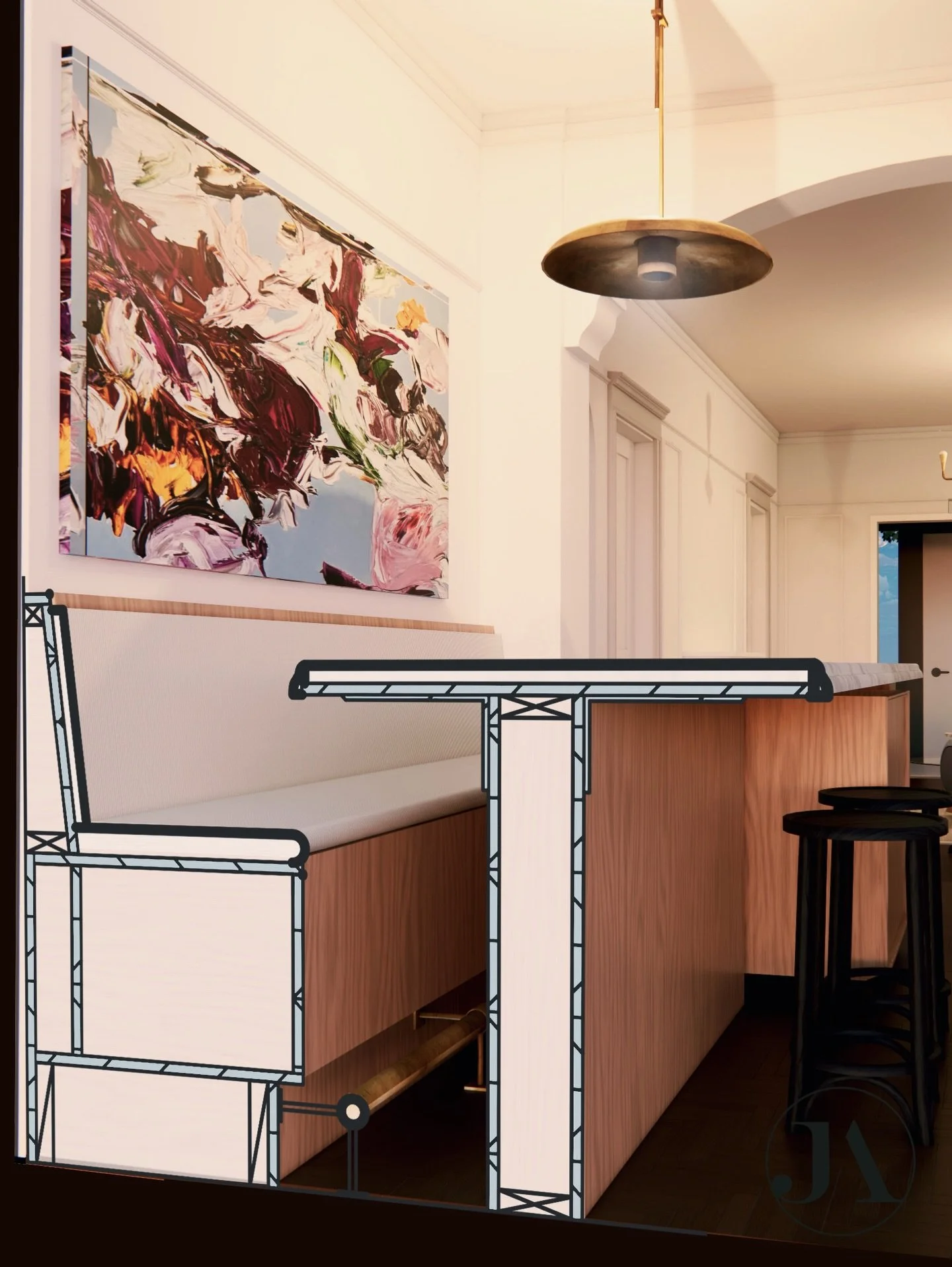 Banquette Island is here! From detail to completion. It&rsquo;s such a great solution for a small house with no dining room.