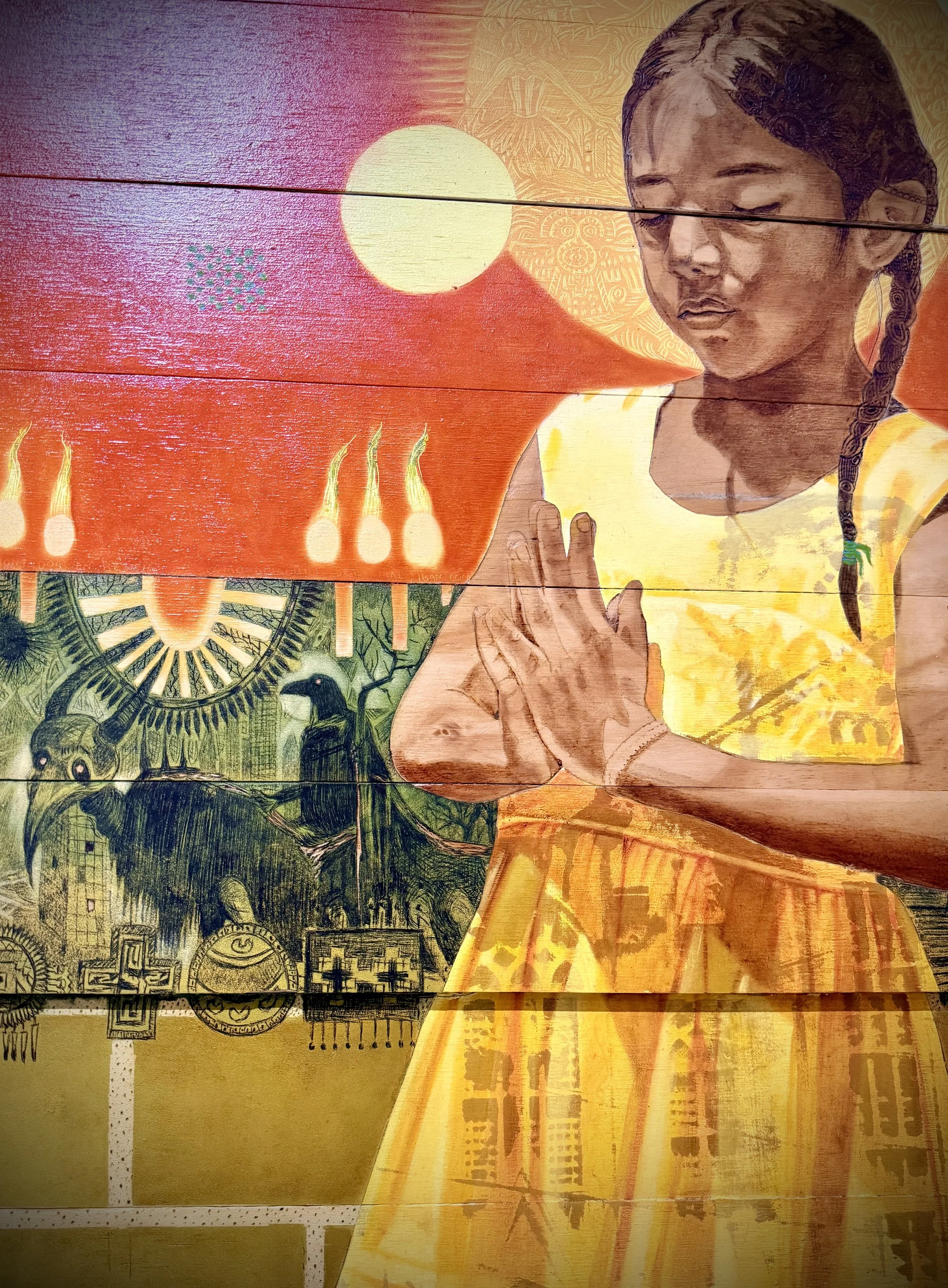 Street art of young girl praying amongst image of darkness and corruption.jpeg