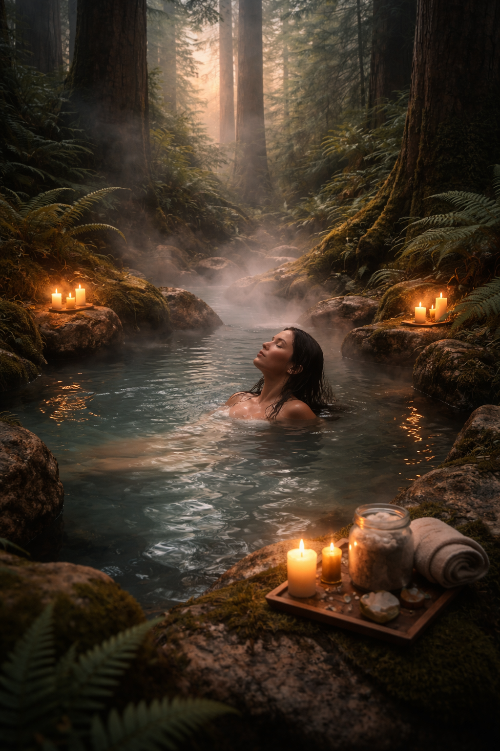 Woman soaking in mystical evergreen forest hotspring