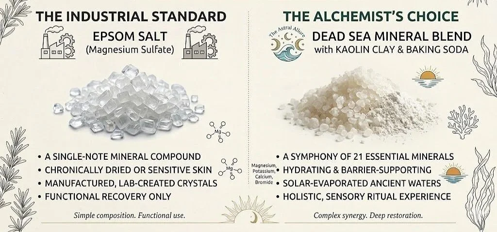 On one side, a photo of standard, translucent Epsom salts; on the other, a photo of our rich, opaque mineral blend.