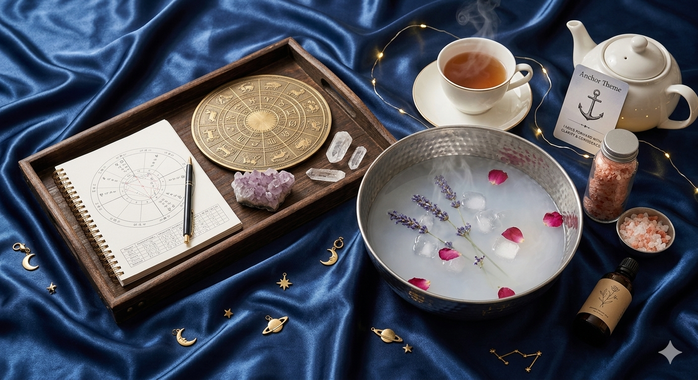 Curated wellness-and-astrology ritual on a luxurious, blue silk background.