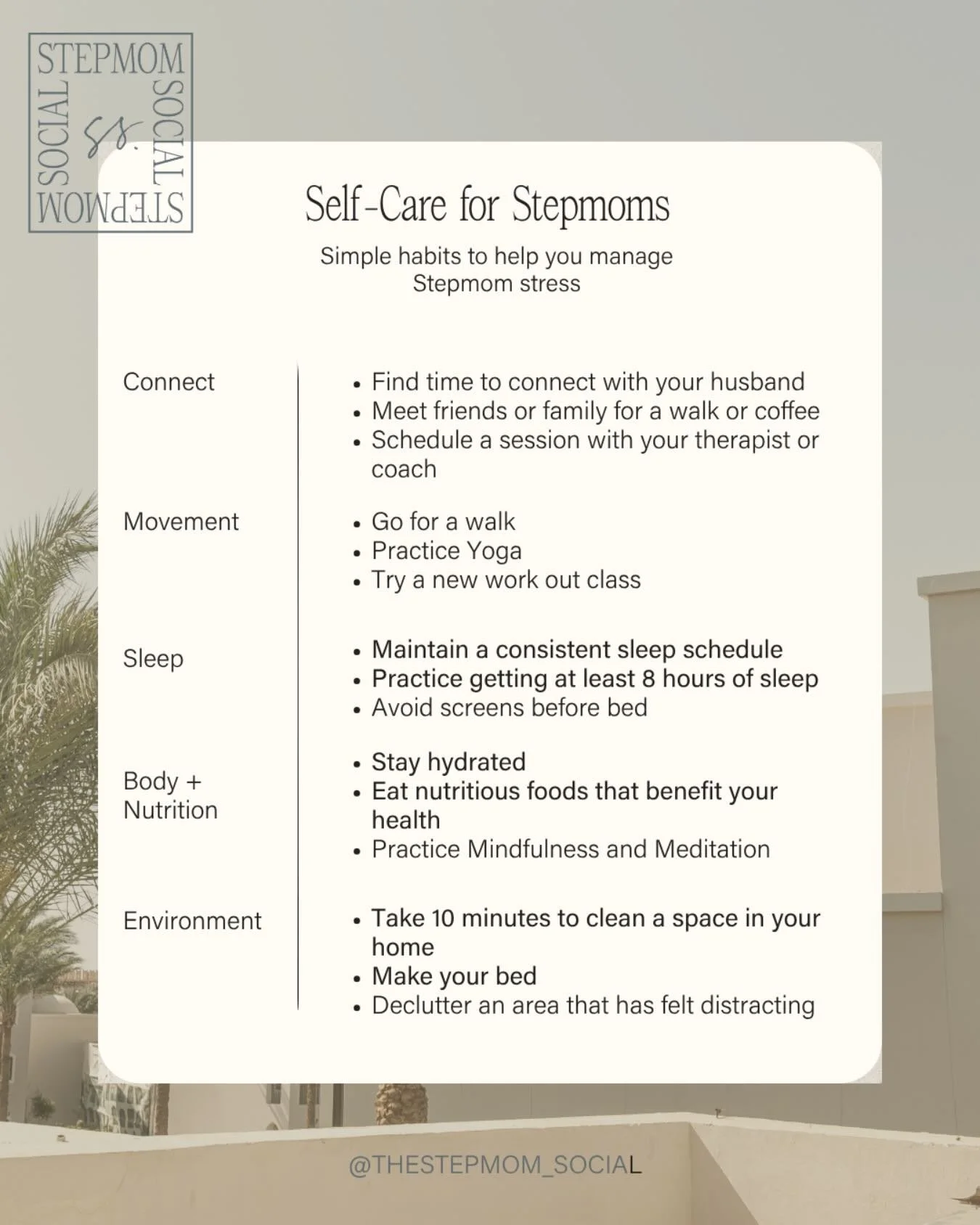 &rarr; Stepmom stress is real and when it builds up, it&rsquo;s easy to forget about yourself. It&rsquo;s essential that you find time to take care of yourself and your own needs. 

&rarr; Small habits can help you find your center, recharge, gain yo
