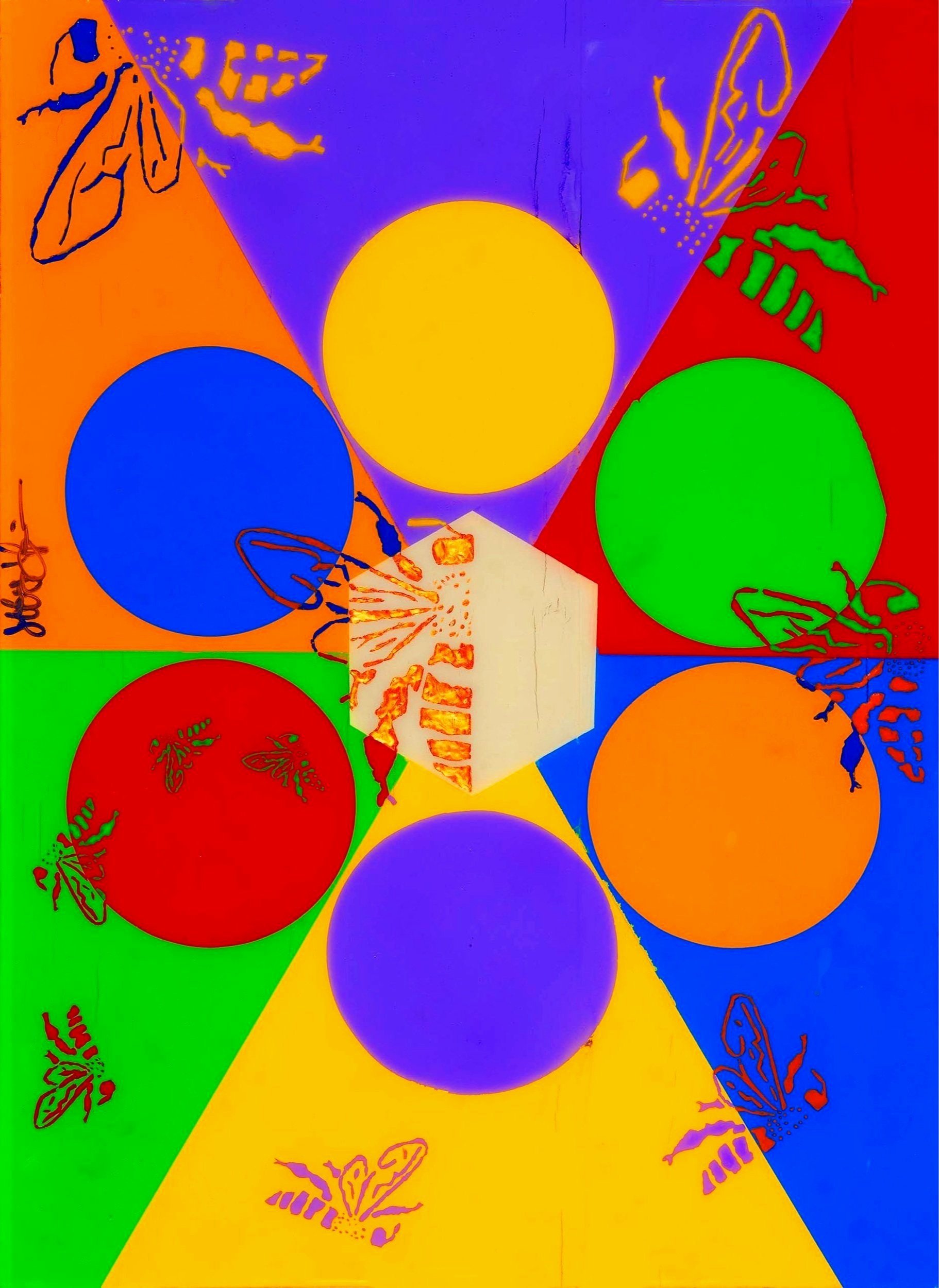 bee*ing #6
Geometry, complimentary colors, and the overlapping Golden spiral through the placement of honeybees help to relate the minimized perceptions of the senses on the physical plane and the need for vision using left & right brain activity t