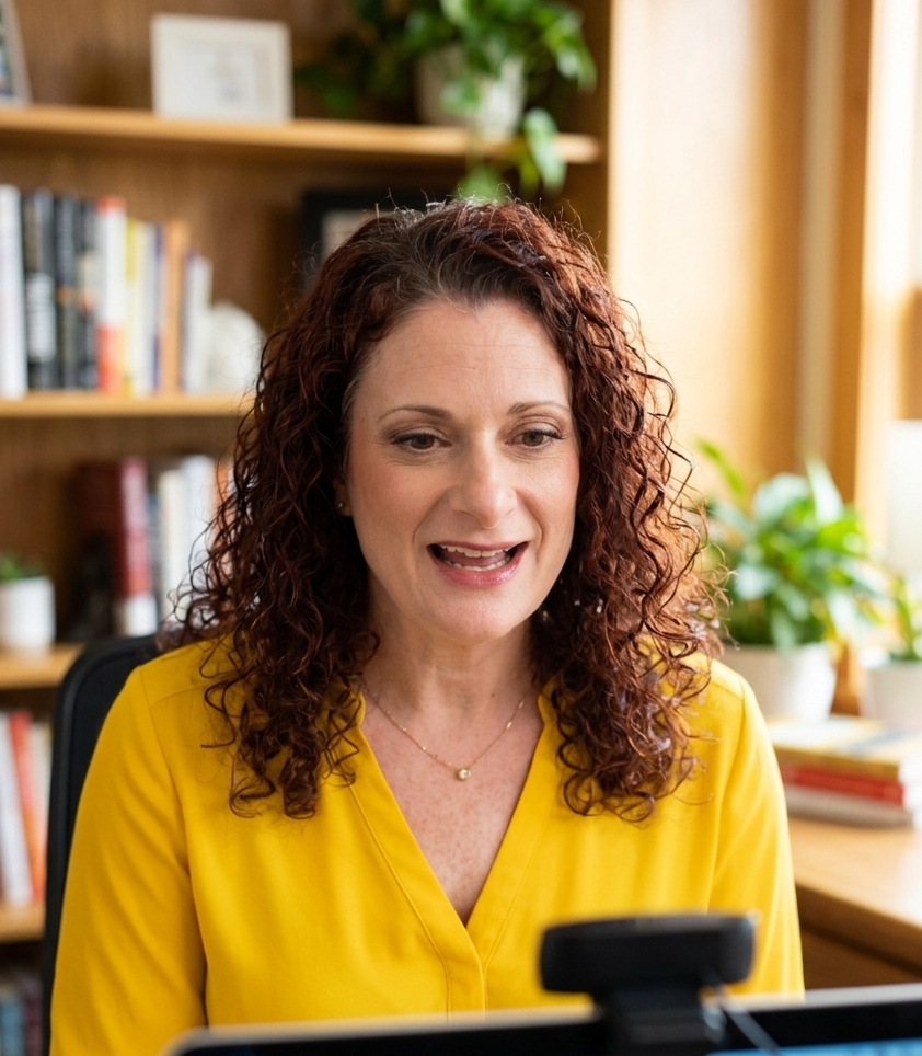 A woman with curly red hair wearing a yellow blouse, looking at a computer screen and smiling, in a home office with bookshelves and green plants in the background.