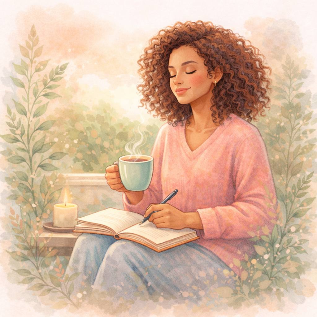 Woman journaling with tea in a peaceful pastel foliage setting representing self-reflection, self-care, and quiet confidence.
