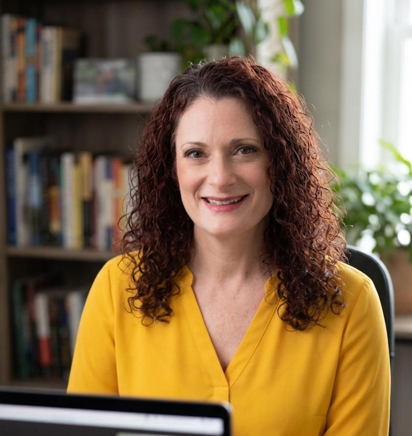 Smiling woman with curly red hair wearing a yellow blouse sitting at a desk in an office with a bookshelf and green plants in the background.