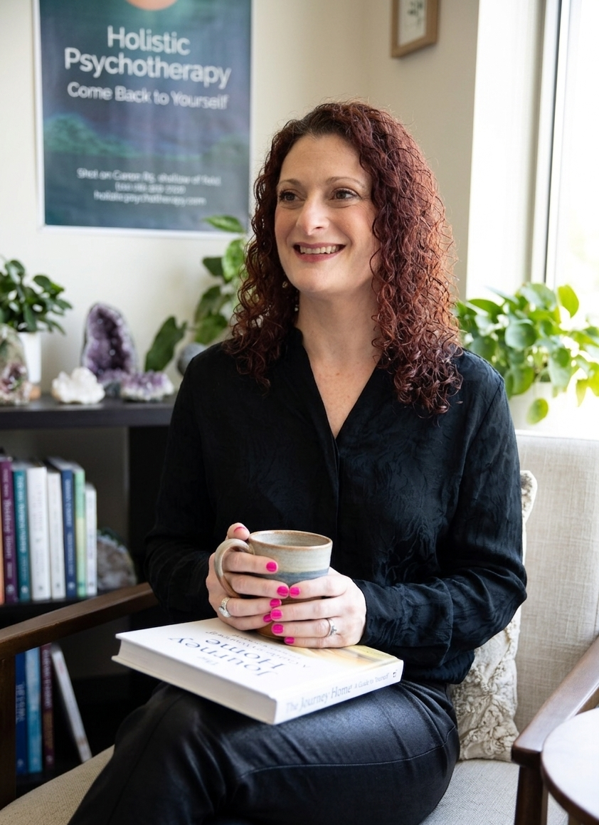 A woman with curly red hair, wearing a black shirt, sitting on a beige chair with a book titled 'The Journey Home' on her lap, holding a cup, smiling in a cozy room with plants and a poster about holistic psychotherapy in the background.