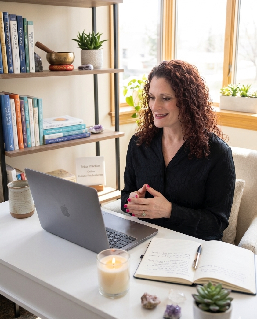 A woman with curly red hair smiling during a virtual meeting in her home office, sitting at a white desk with a laptop, an open notebook, a lit candle, a plant, and crystals. Behind her, a bookshelf with books and decorative items, and a window with natural light.