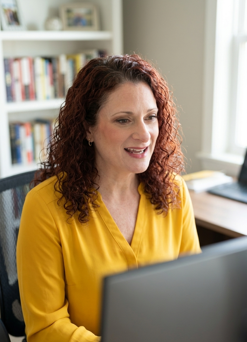 A woman with curly red hair wearing a yellow blouse sitting at a desk in front of a computer, smiling and looking at the monitor in a home office with bookshelf and window in background.