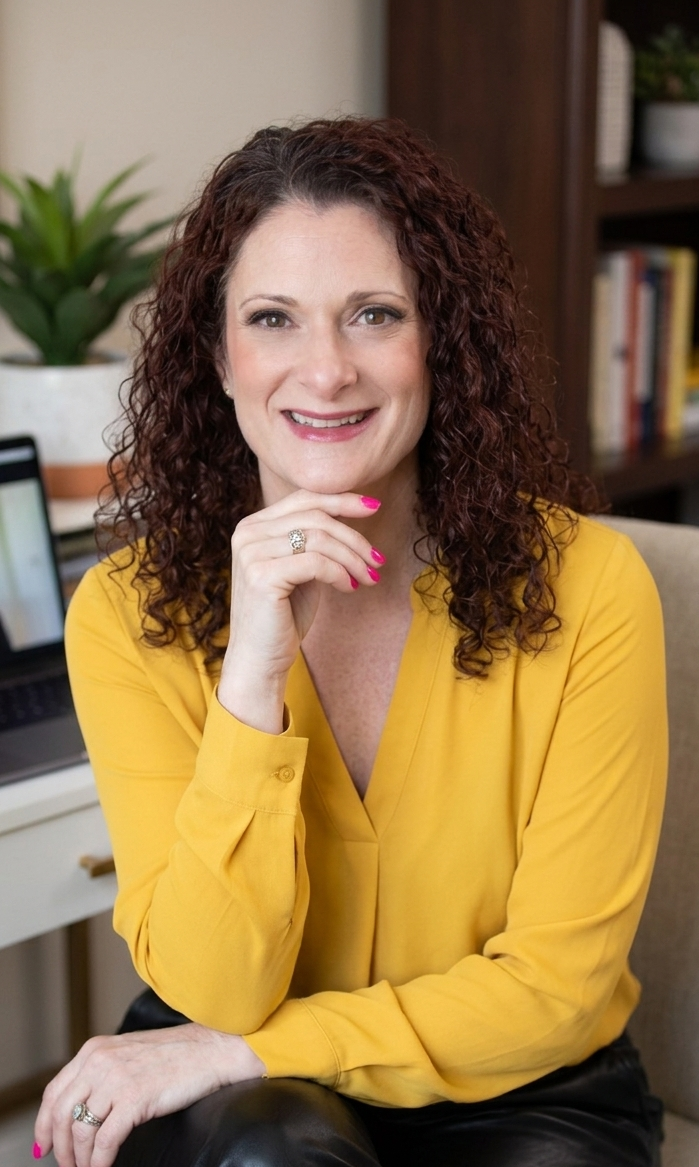 A woman with curly red hair wearing a yellow blouse, smiling, with her hand resting on her chin, sitting indoors with a bookshelf and potted plant in the background.