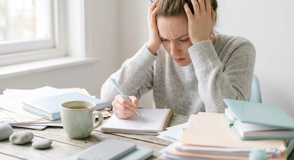A woman with blonde hair in a ponytail, wearing a gray sweater, is sitting at a desk with a stack of papers, notebooks, a coffee mug, and writing on a notepad, appearing stressed or frustrated.