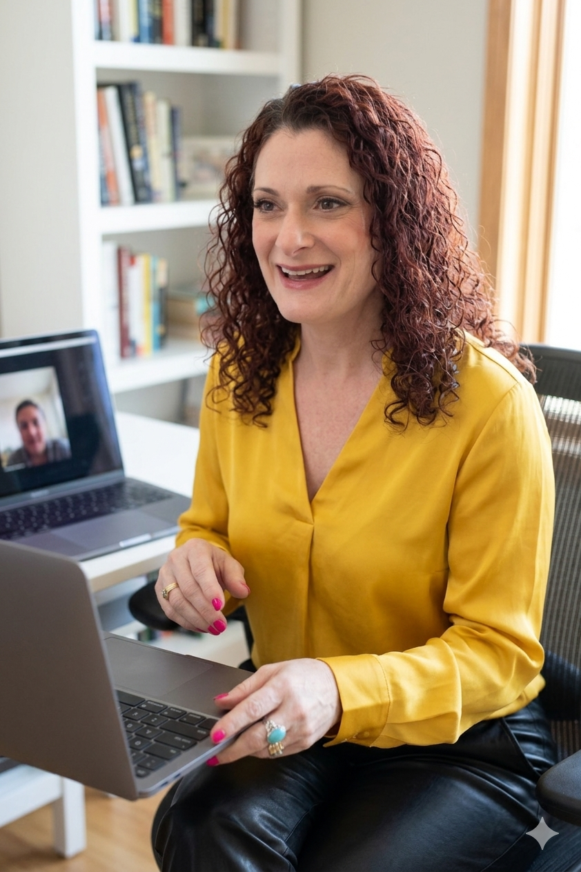 A woman with curly red hair wearing a yellow blouse sitting at a desk with a laptop, participating in a video call with a man visible on the screen.