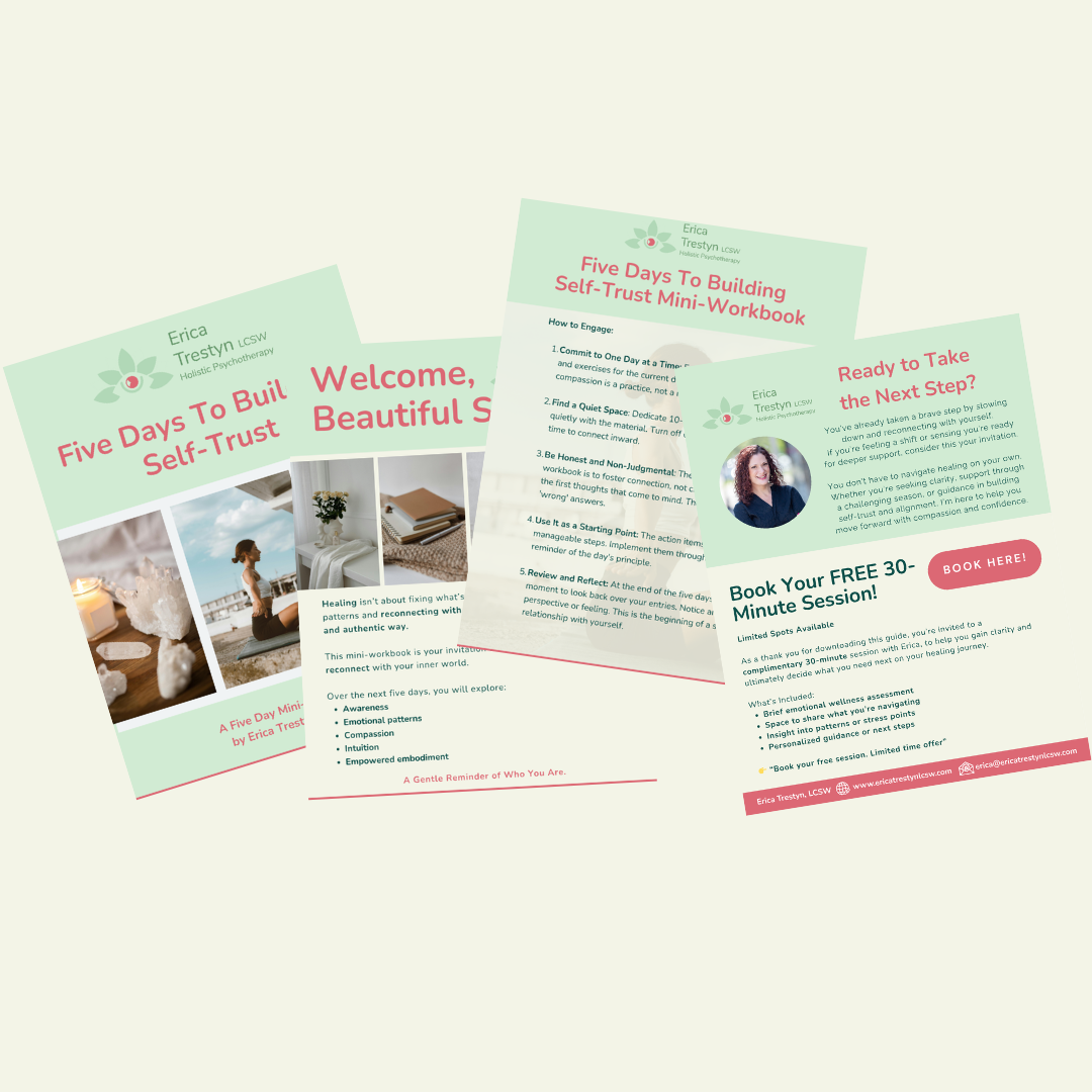 Three promotional flyers for Erica Trestyn's self-trust mini-workbook, featuring images of a woman practicing yoga, a cozy interior, and a stack of notebooks, with text about building self-trust, supporting goals, and booking sessions.