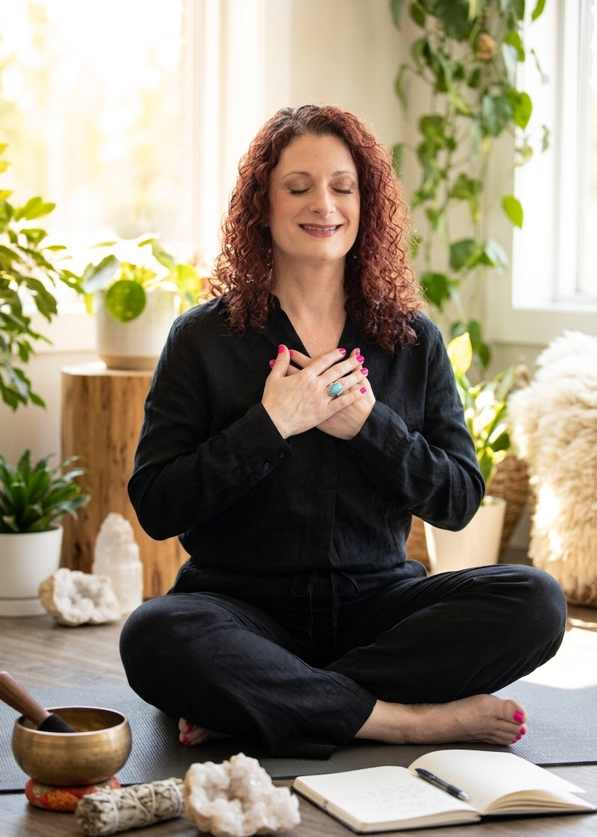 A woman practicing yoga or meditation indoors, sitting cross-legged on a mat with her eyes closed, hands on her chest, surrounded by plants and calming décor.