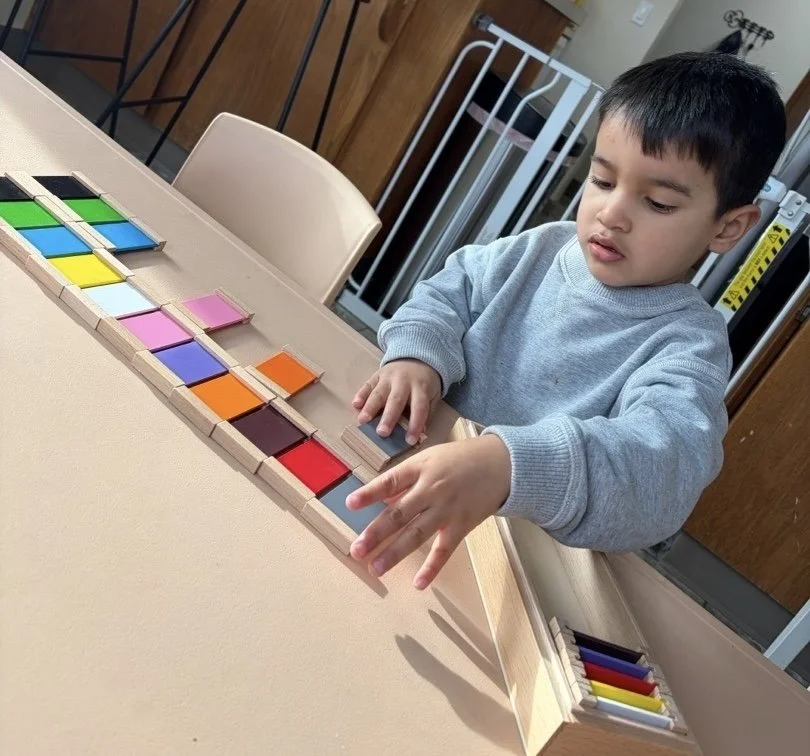 A young boy playing with a color matching game involving blocks of different colored tiles on a table.
