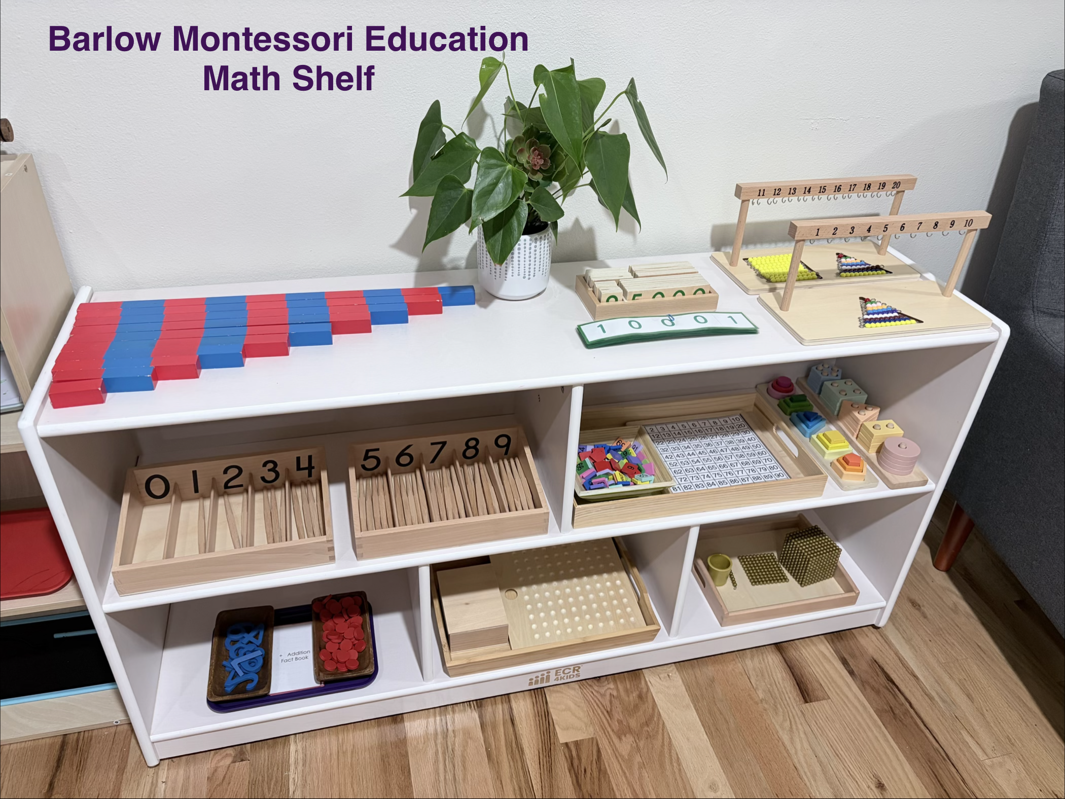 A Montessori educational math shelf with various learning materials including number blocks, counting tools, and manipulatives, topped with a green potted plant.