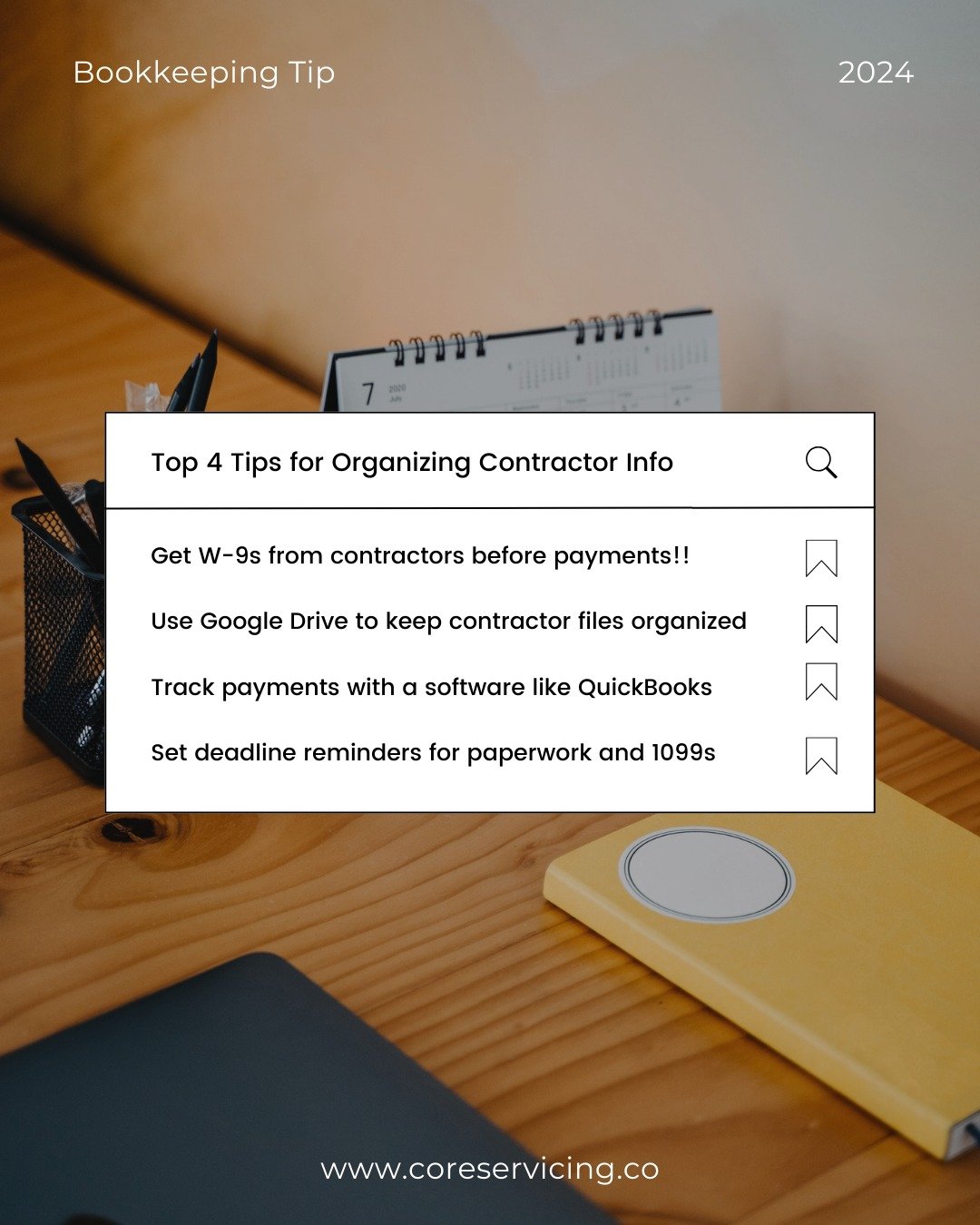 Ready for 1099 Season? Let&rsquo;s Get Those Contractors Organized! 💼🗂️

Keeping track of contractor info is crucial to keeping your business running smoothly&mdash;especially when 1099 deadlines are looming.

🔍 Here are our top tips to get everyt
