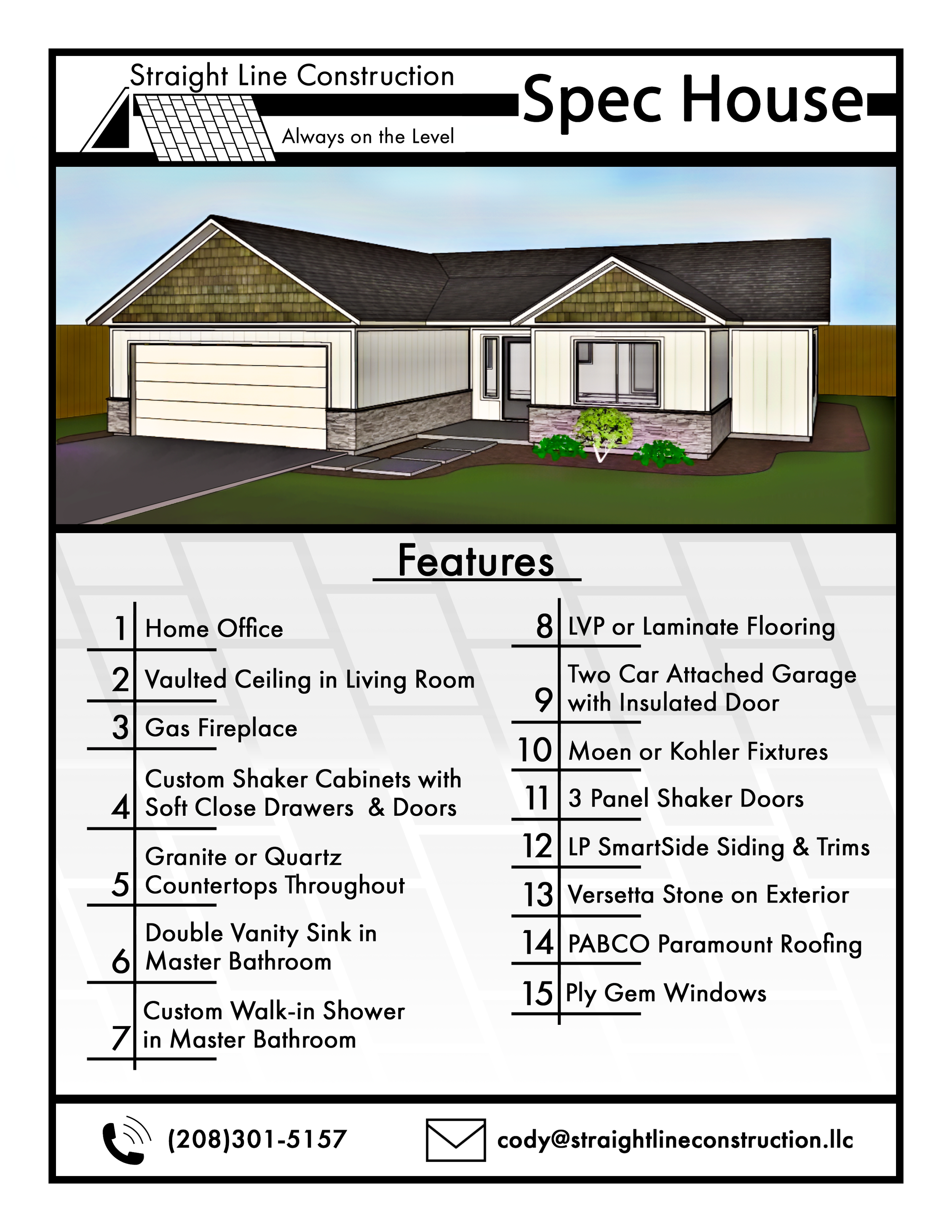 Illustration of a modern house with a garage, grey roof, white siding, and landscaping, depicted on a construction flyer listing features, contact number, and email.