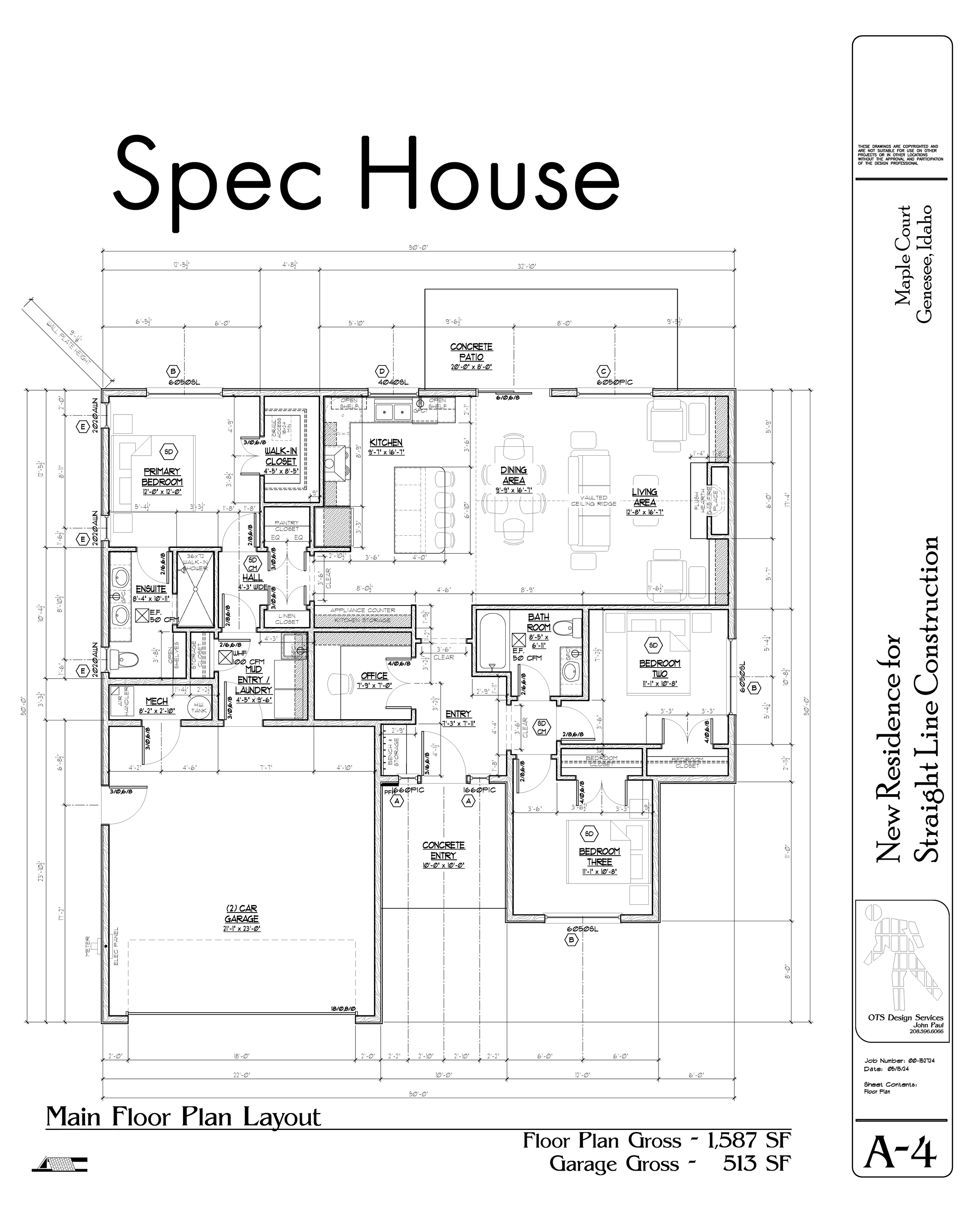 Architectural blueprint of a house labeled 'Spec House,' showing a detailed floor plan with rooms like living areas, bedrooms, kitchen, bathrooms, and a garage, including measurements and annotations.