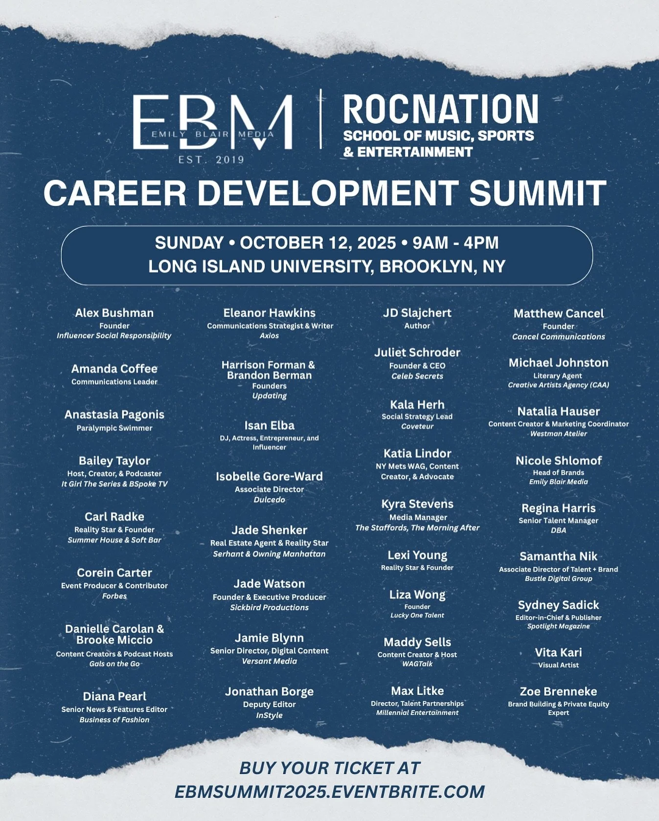 Our second annual career summit is 5 DAYS away! We are so excited and honored to be partnering with Long Island University's Roc Nation School of Music and Entertainment this year. From Olympic athletes, to media industry executives and reality TV st