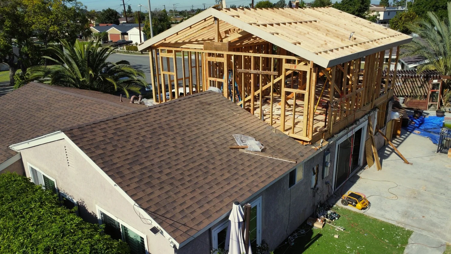Timber framing during HZS's two-story addition project in Anaheim