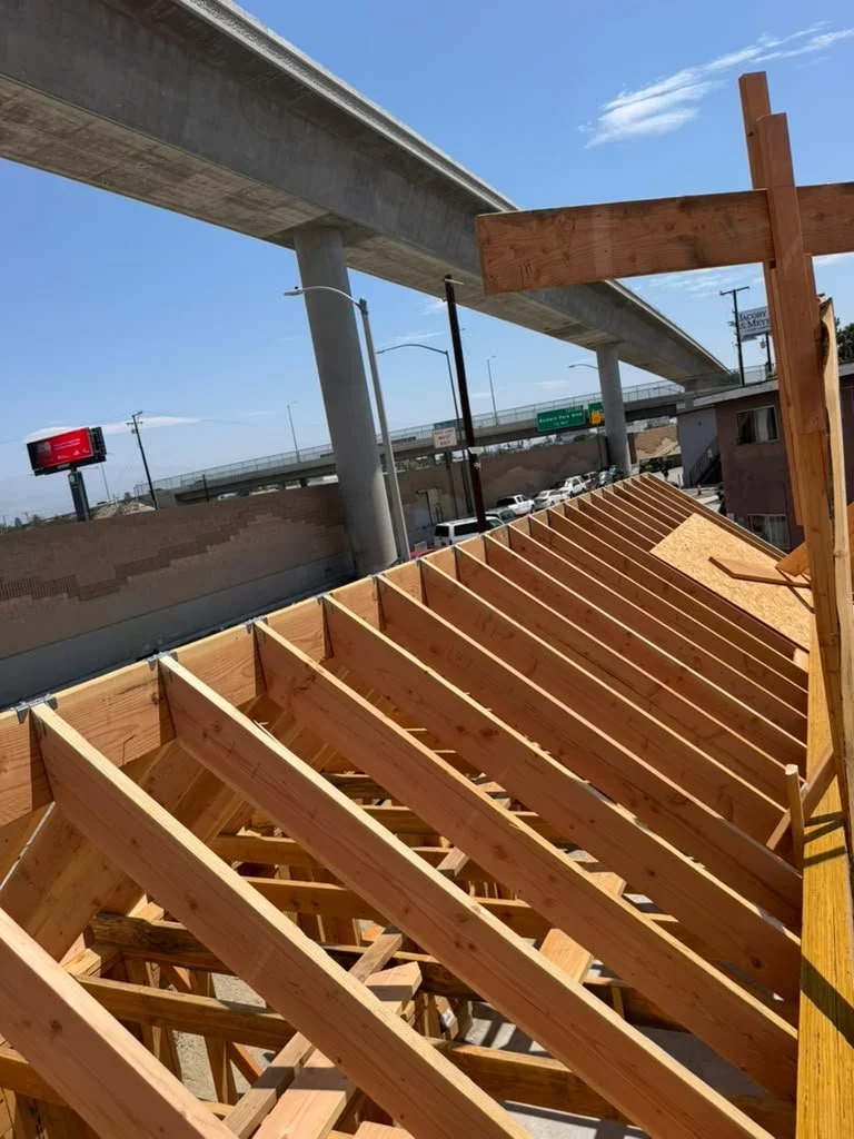 Wood roof rafters and framing connections during construction