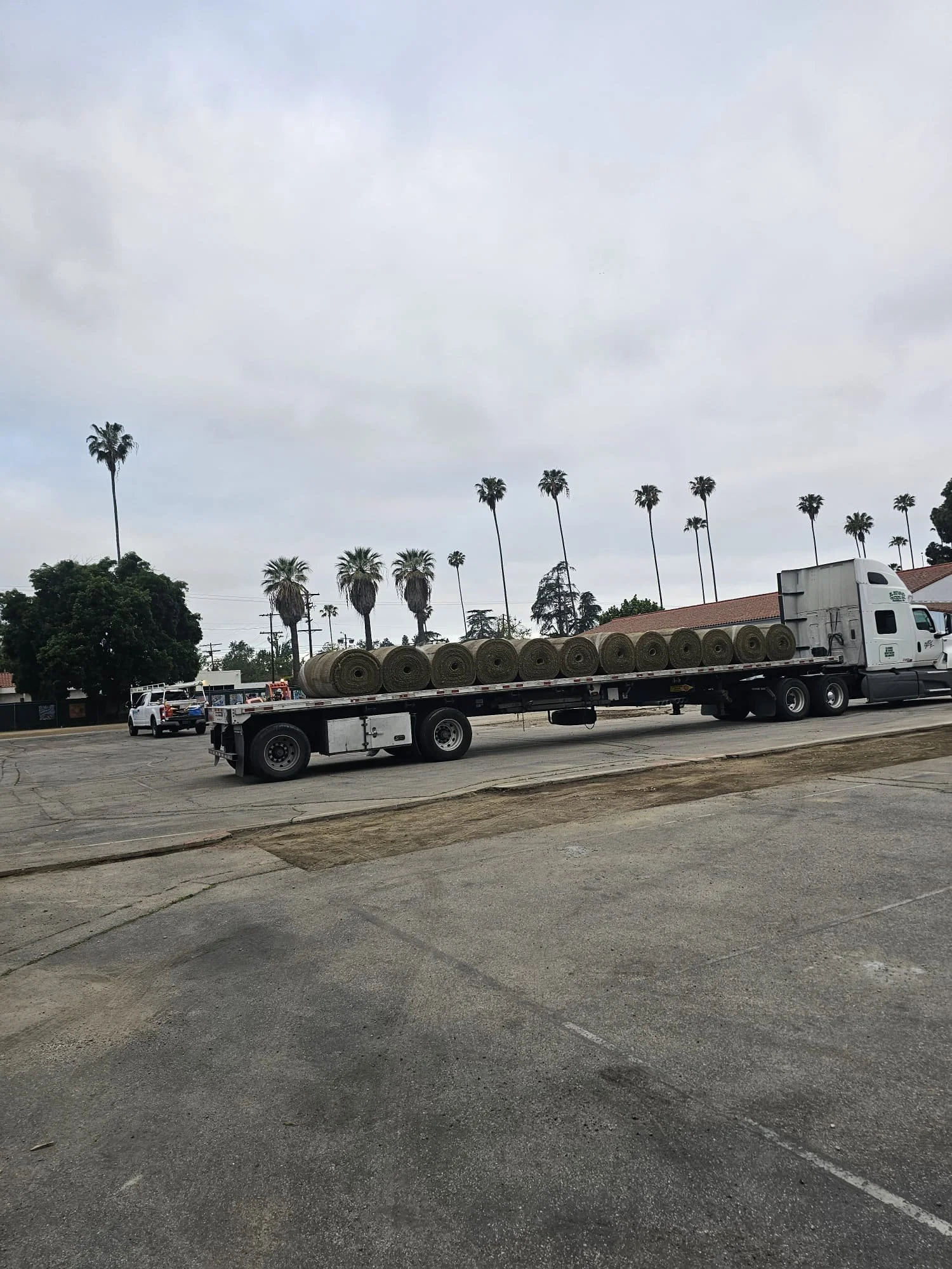 Rolls of turf delivered to the schoolyard by truck.