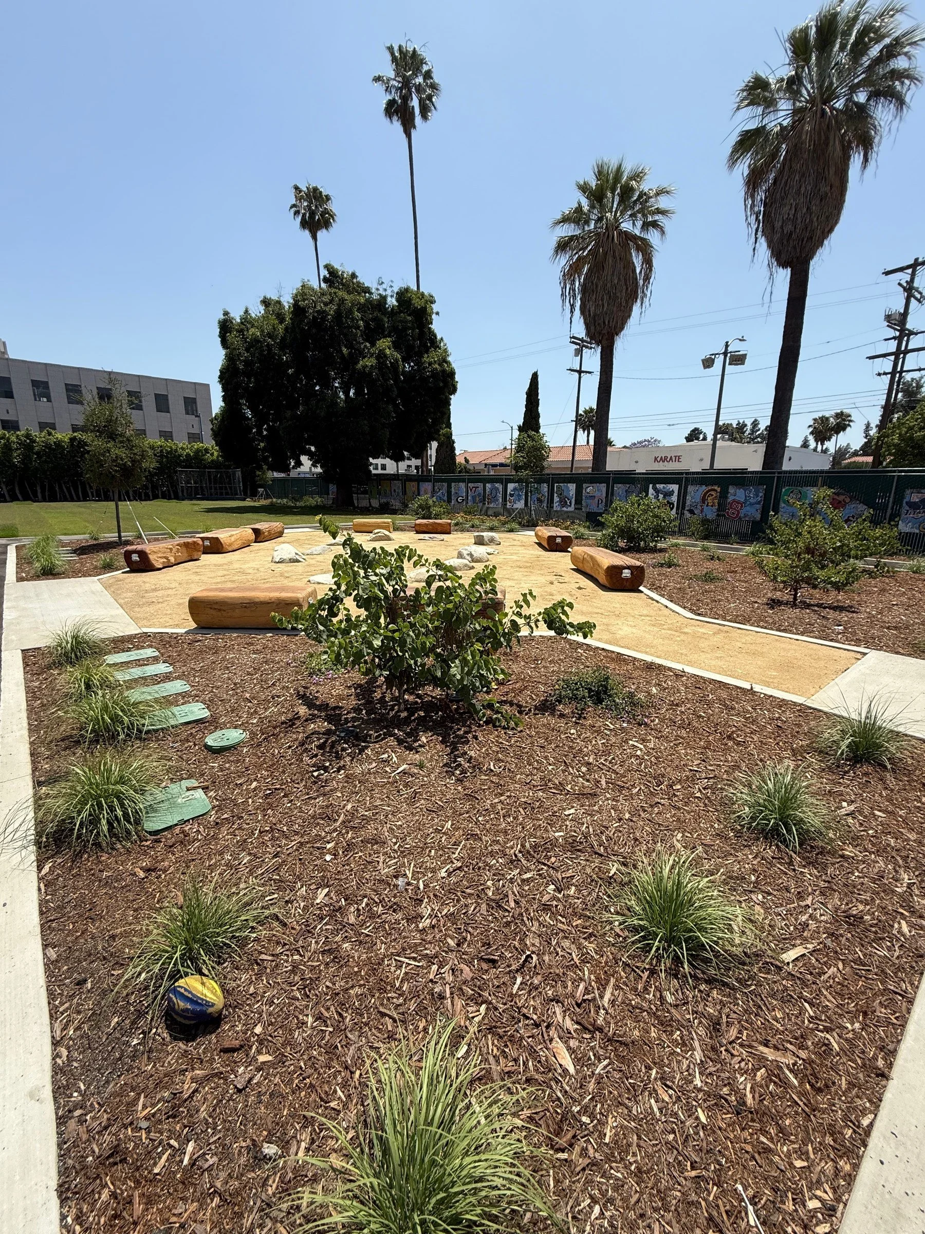 Completed planting beds, paths and log seating in the schoolyard.