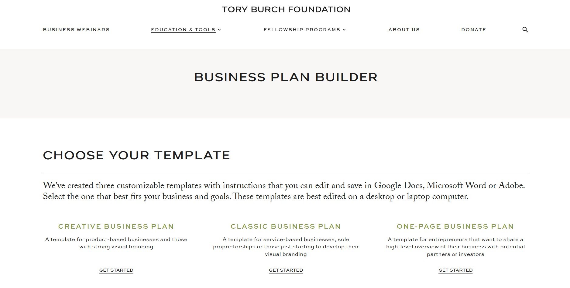 Business Plan Templates by the Tory Burch Foundation 