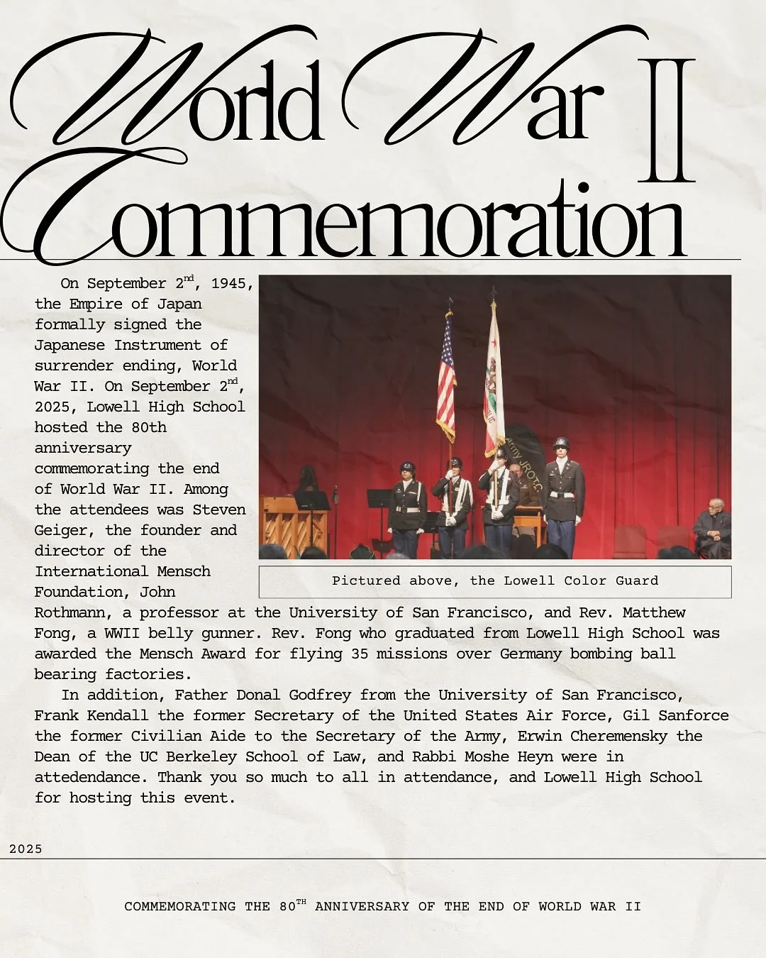 Thank you so much to Lowell JROTC and the Mensch Foundation for hosting the 80th commemoration of the end of WWII