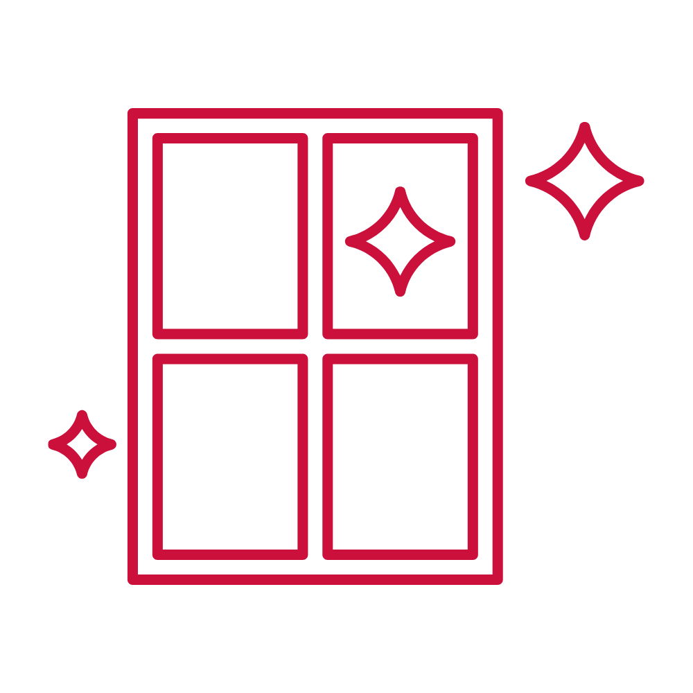 Line illustration of a window with four panes and two sparkling stars to its side, drawn in red on a black background.