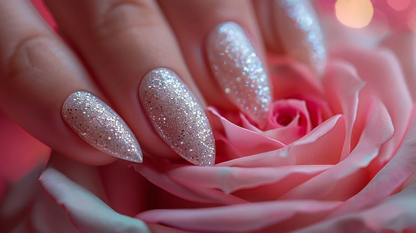 Close-up of manicured nails with glittery silver polish resting on a pink rose.
