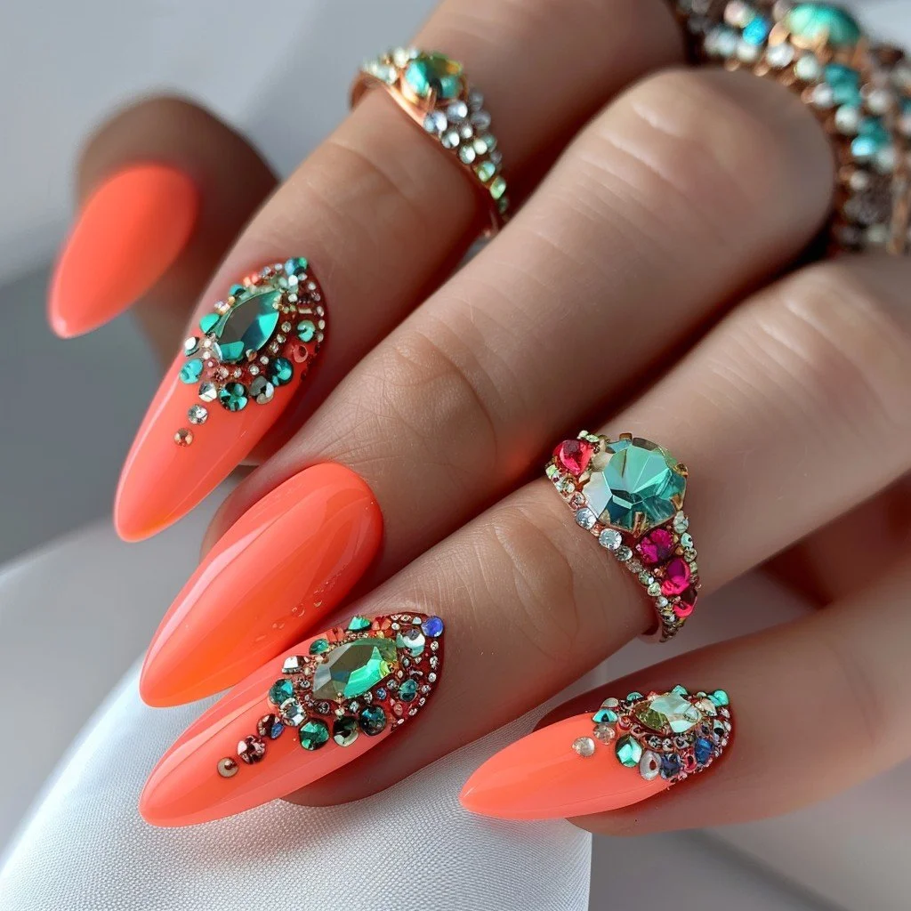 Close-up of a hand with long, peach-colored, stiletto-shaped nails decorated with large, colorful rhinestones and smaller jewels, and multiple rings with large colorful gemstones and rhinestones.