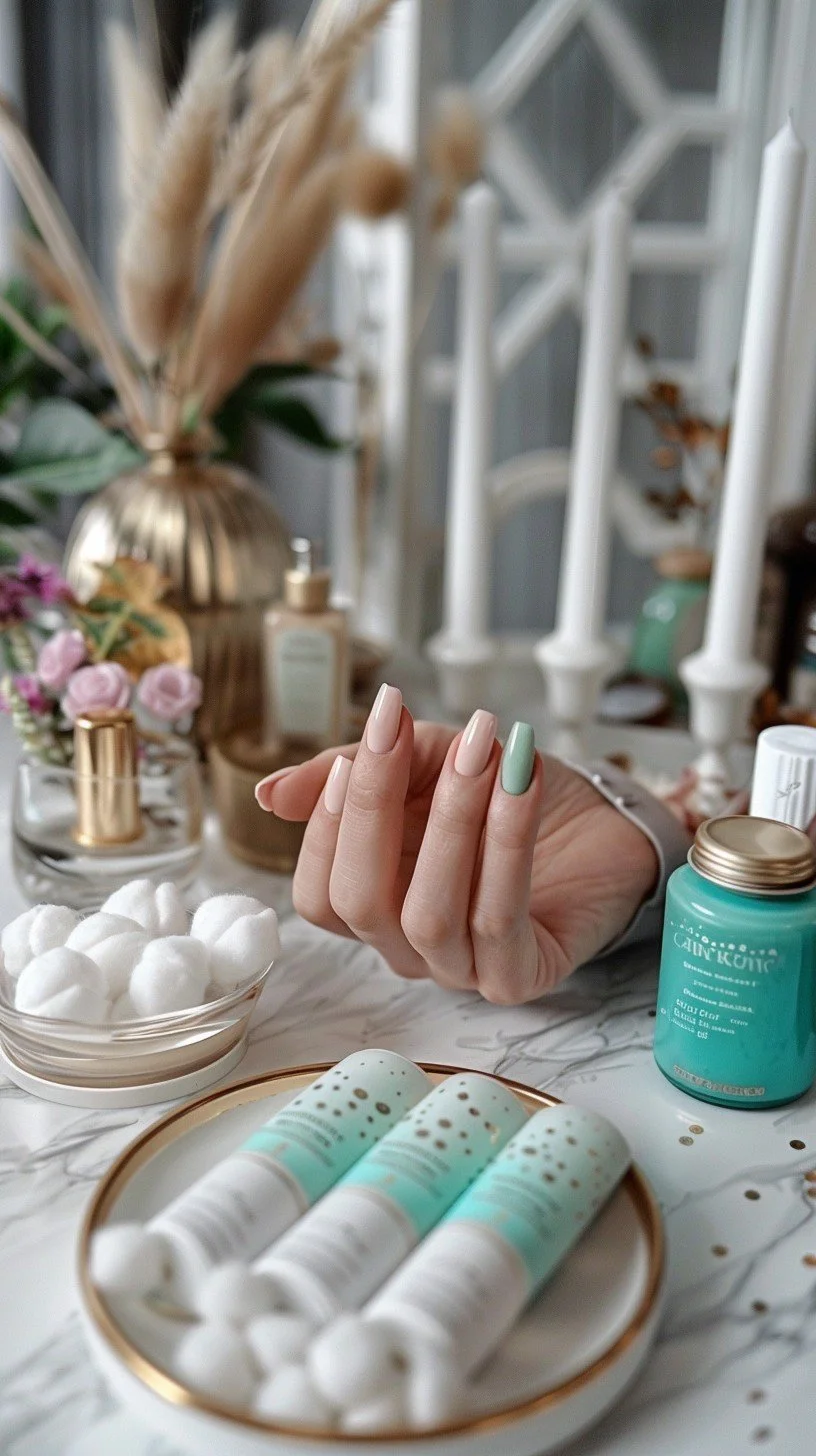A hand with manicured nails painted in shades of pink and green, surrounded by bath and beauty products, cotton balls, and decorative items on a marble surface.
