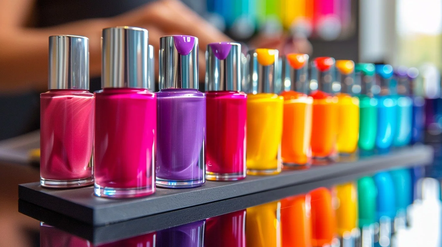 A row of brightly colored nail polish bottles arranged on a display shelf with aluminum caps.
