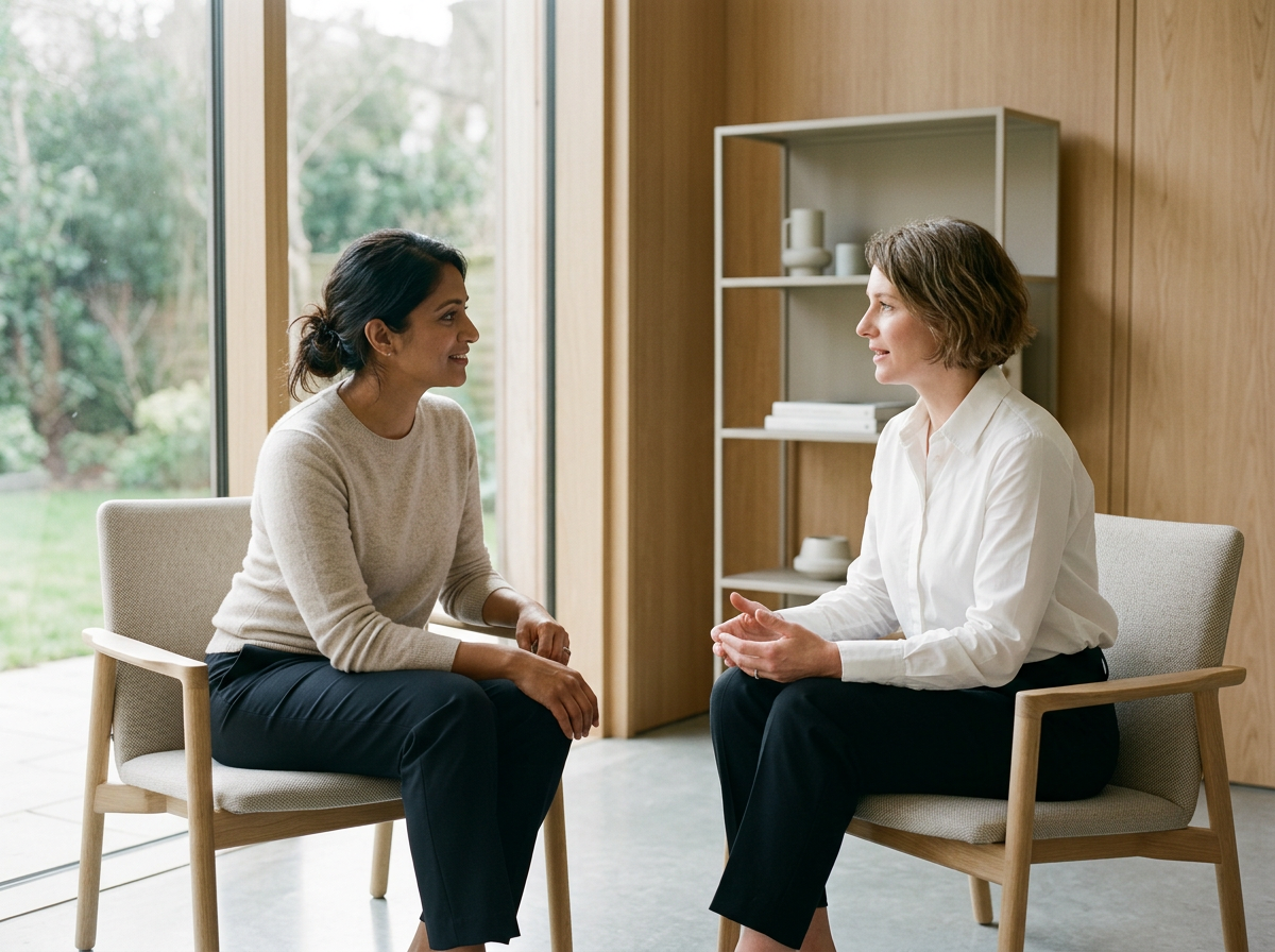 Two women sitting and talking to each other inside a room with wooden walls and a large window overlooking a garden.