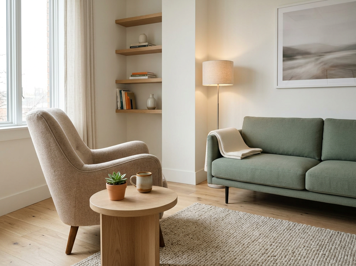 Living room with beige armchair, green sofa with a blanket, round wooden coffee table with a potted plant and mug, bookshelf with decorative items, floor lamp, artwork on the wall, light wood flooring, and a window with curtains.