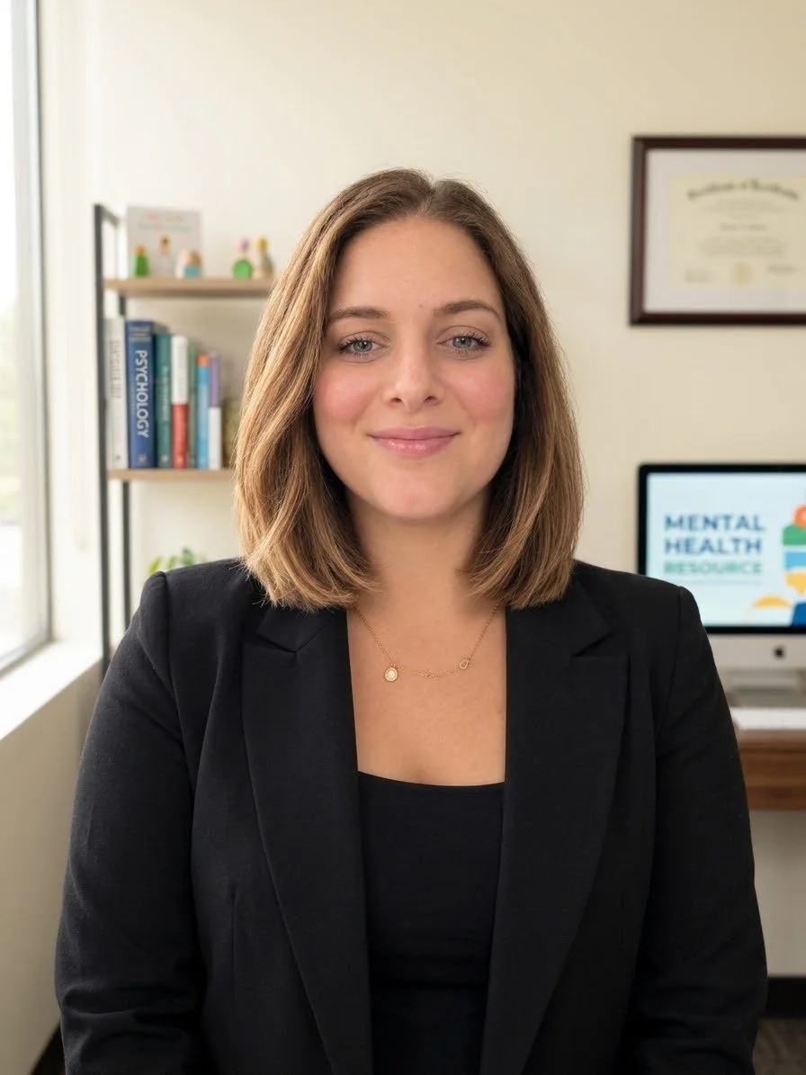 A woman with shoulder-length brown hair and blue eyes, wearing a black blazer and a gold necklace, standing in an office with a framed certificate and a computer screen displaying the words 'Mental Health Resources' in the background.