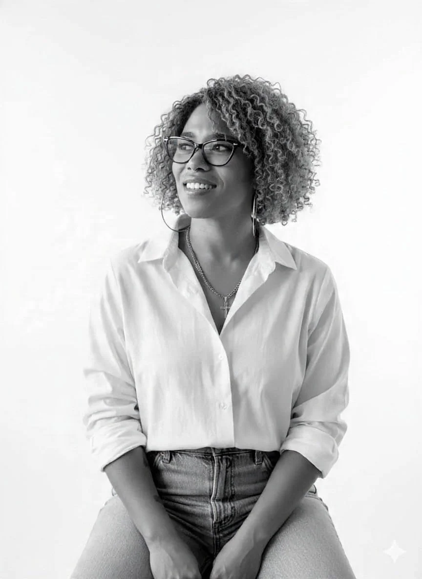 Black and white photo of a woman with curly hair, wearing glasses, a white button-up shirt, and jeans, smiling and looking to the side against a plain background.