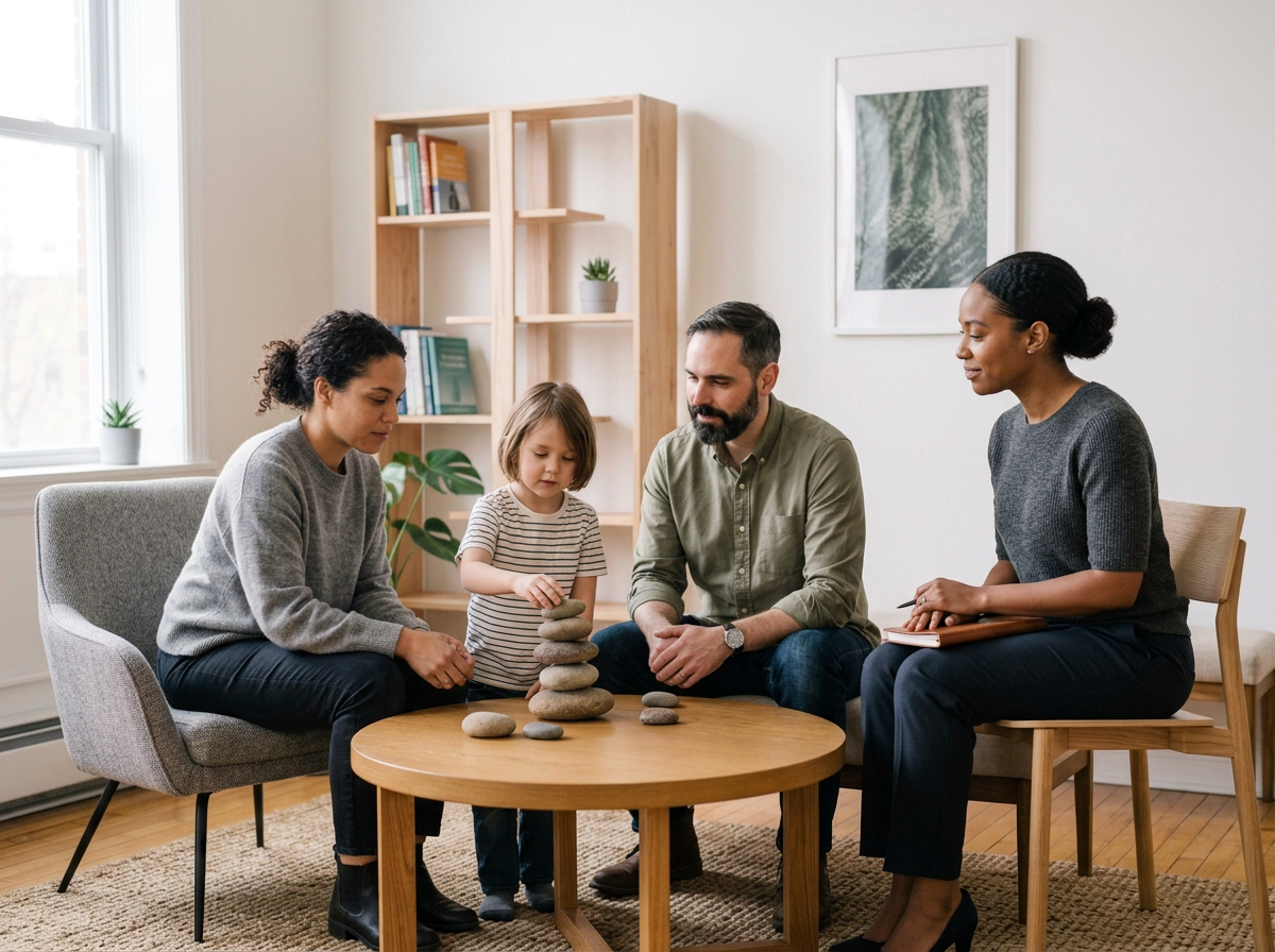 A family of four, including a young girl, participating in a therapy or counseling session in a bright, modern living room. They are seated around a small wooden table, stacking stones, with a counselor taking notes.