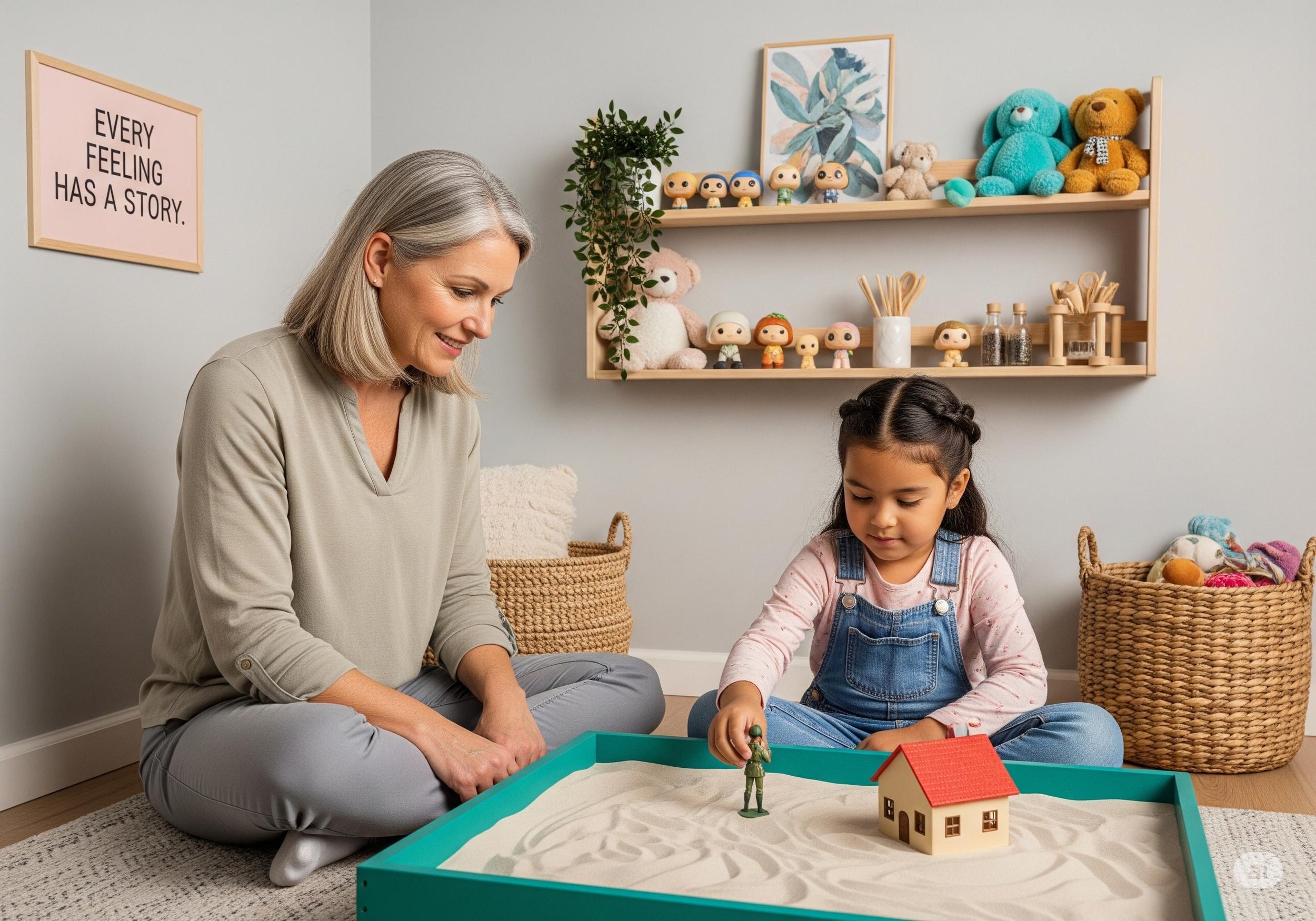 A woman and a young girl are sitting on the floor playing with a miniature desert scene that includes a small house and a figurine. The woman has gray hair and is wearing a beige top, while the girl has dark hair styled with braids and is wearing denim overalls. There are wicker baskets and plush toys on a shelf behind them, along with framed artwork and a quote on the wall that reads, 'Every feeling has a story.'