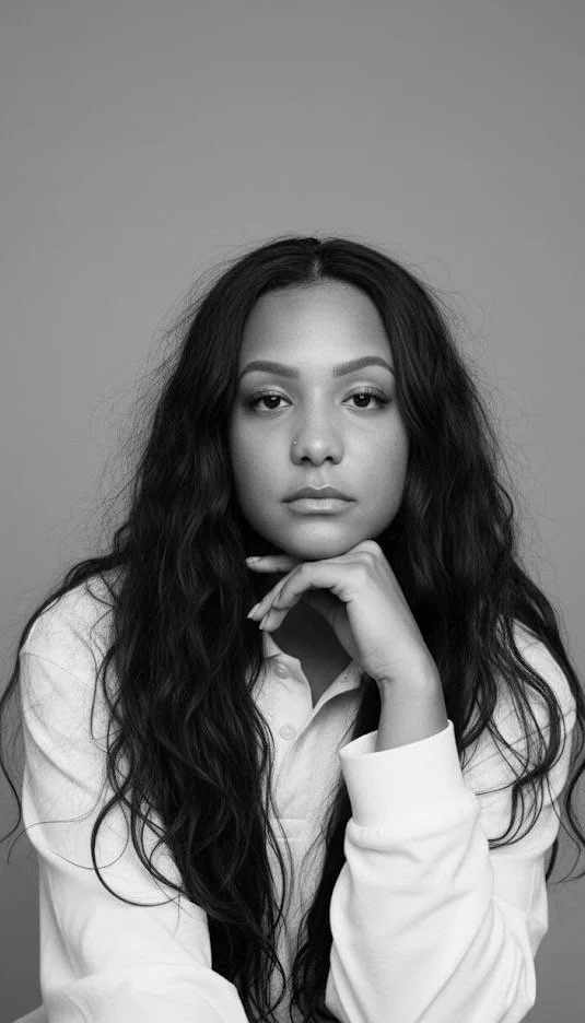 Black and white portrait of a young woman with long, wavy hair, wearing a light-colored shirt, resting her chin on her hand, with a neutral expression.