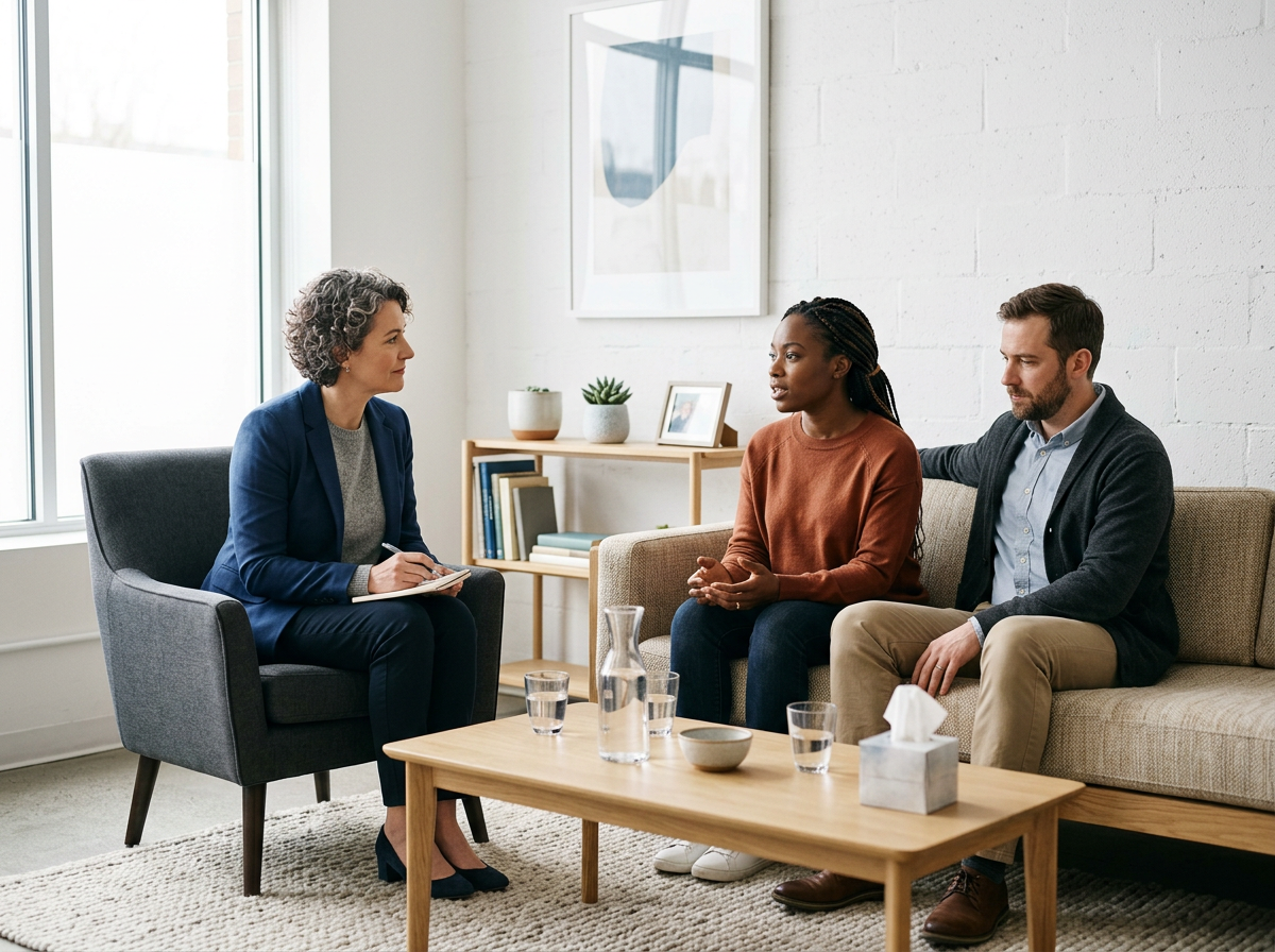A counselor or therapist takes notes while listening to a woman and a man talk in a therapy session in a cozy, well-lit room.