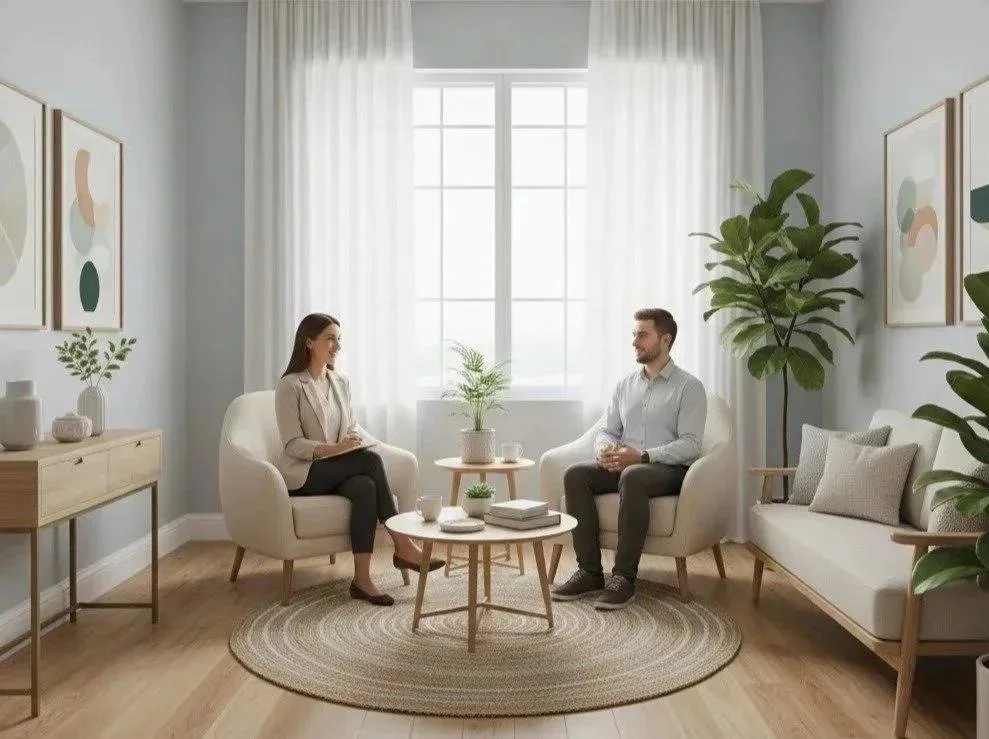 Therapist and client having a session in a bright, cozy living room with minimalist decor and green plants.