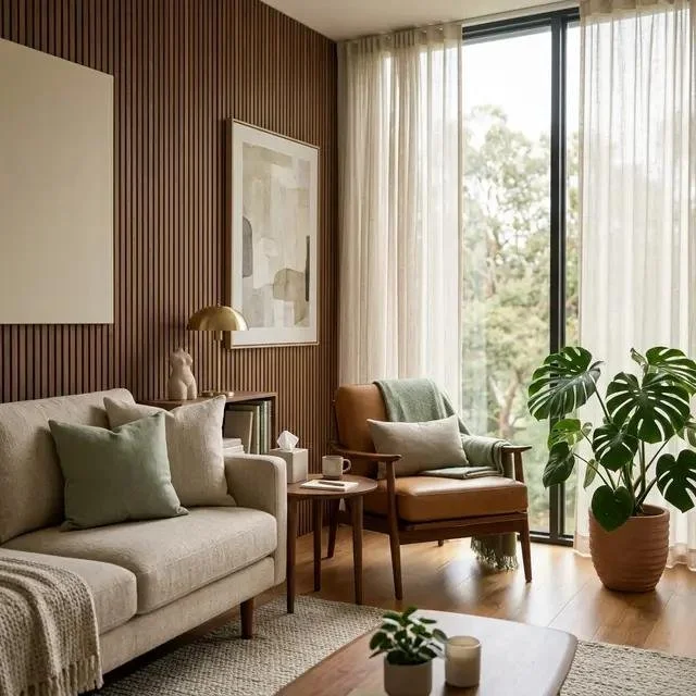 A cozy living room with a beige sofa and a brown armchair near a large window with sheer curtains, decorated with plants, artwork, and a side table.