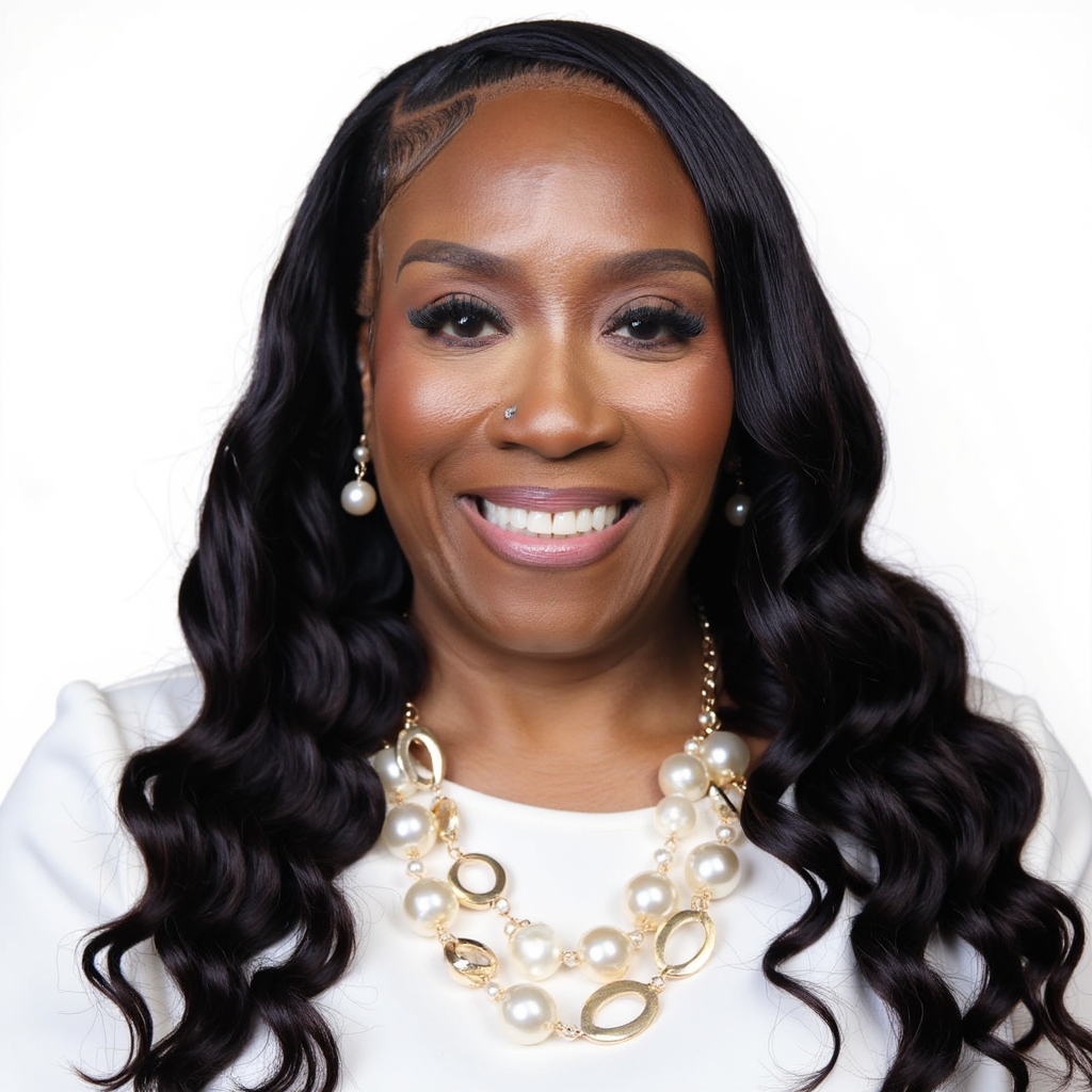 A woman with long, wavy black hair, wearing pearl earrings and a pearl and gold necklace, smiling against a white background.